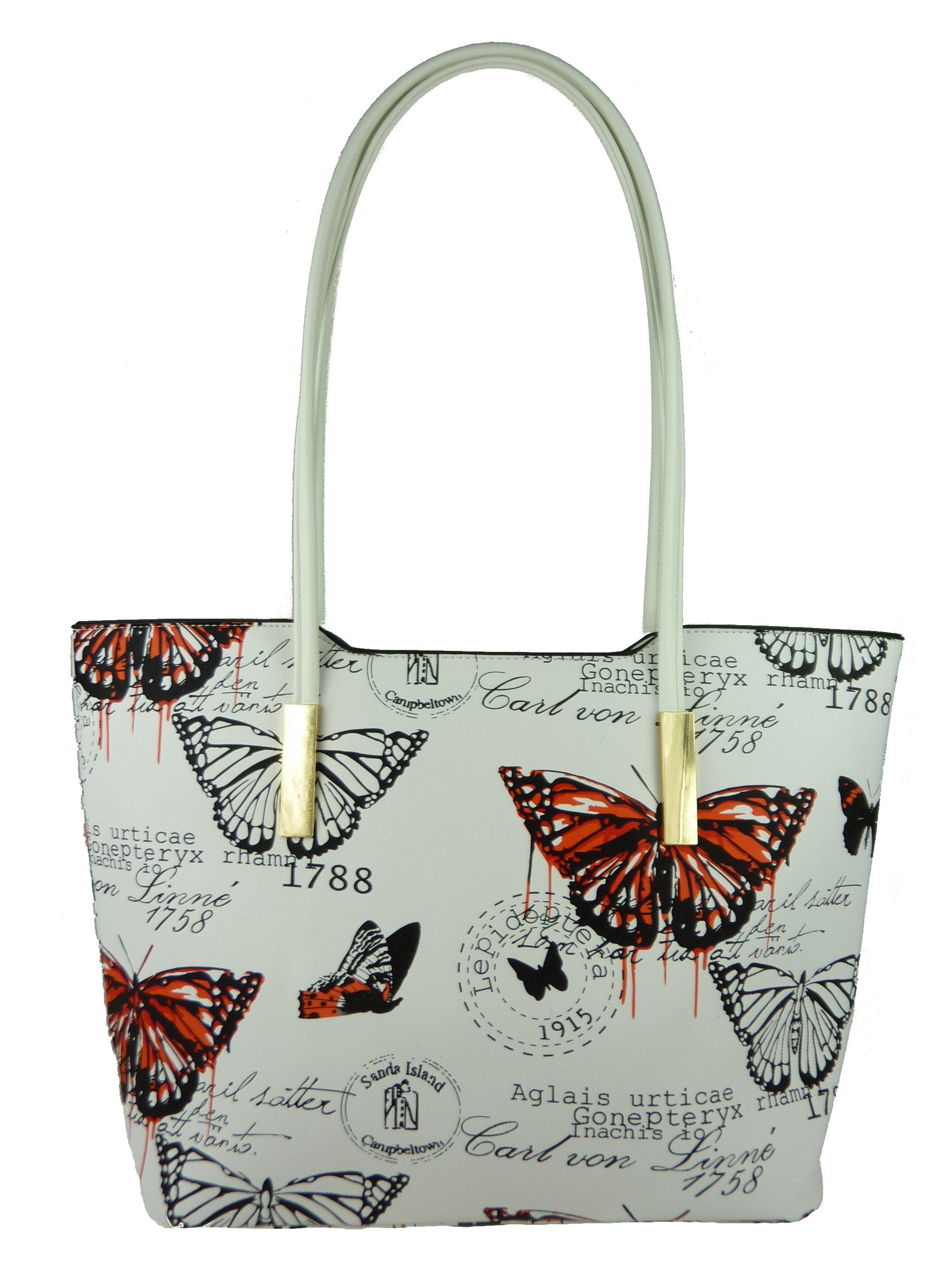 Taschen4life Henkeltasche große Damen Shopper Sommertasche Butterfly 1803, mehrfarbig im Vintage Stil, Schmetterling retro Motive, lange Henkel orange