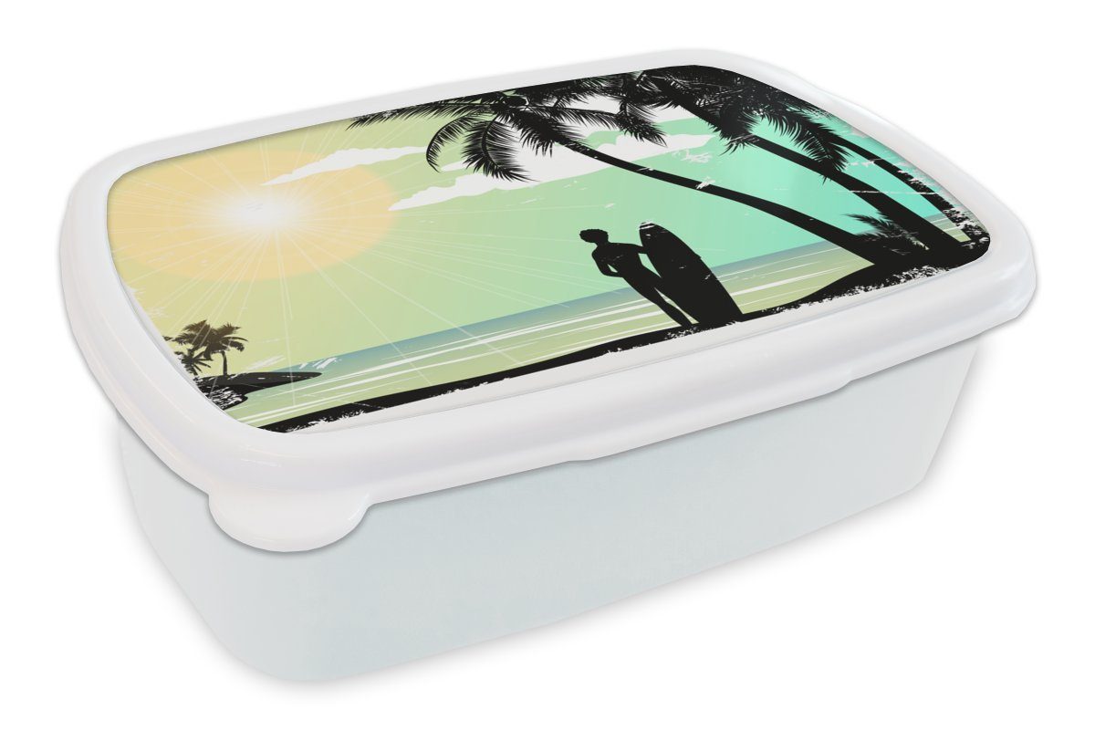 Jungs - Brotbox MuchoWow (2-tlg), Lunchbox für Brotdose, Strand Sonne Erwachsene, - Mädchen weiß - Kinder Surfbrett, Palme Kunststoff, und und für