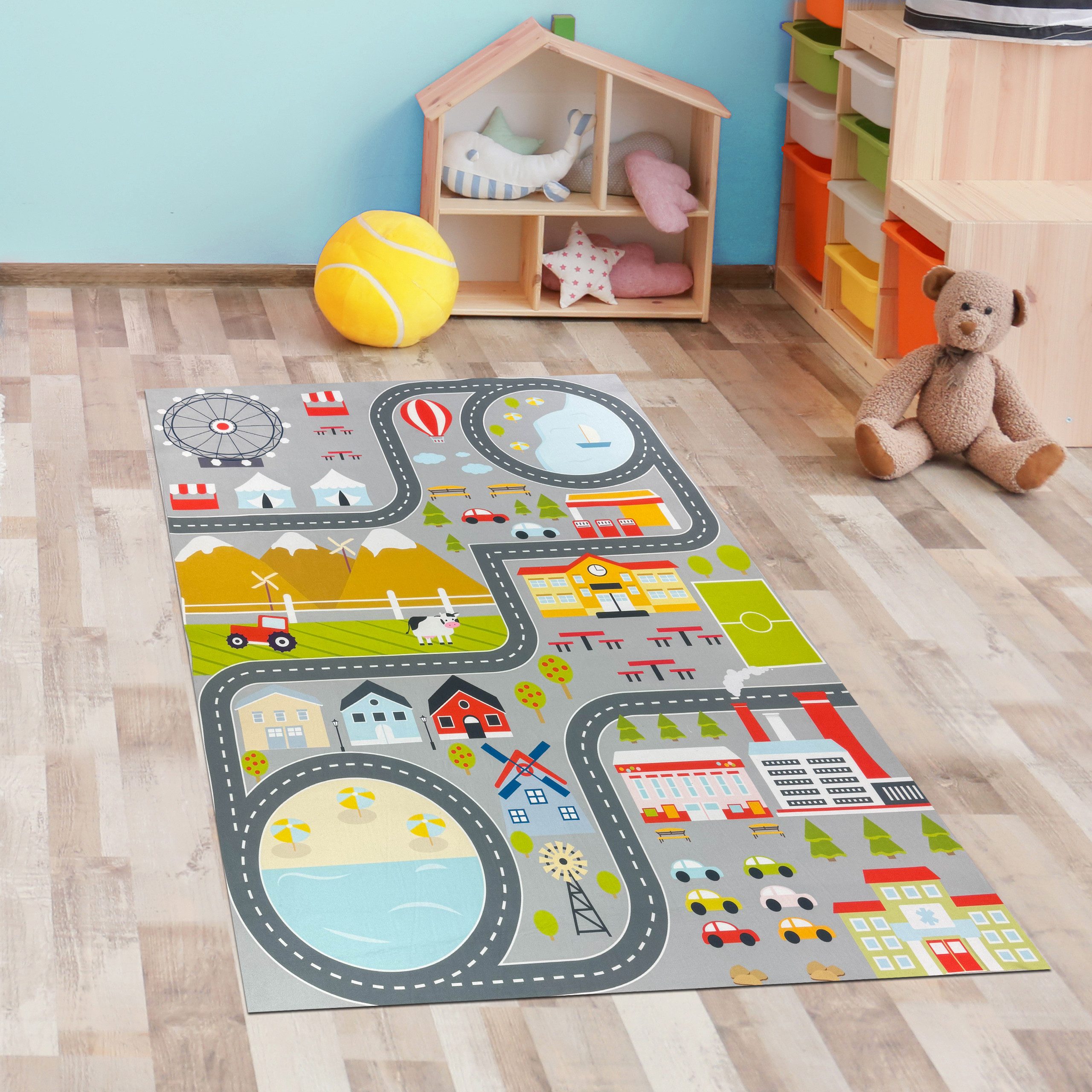 Carpetia Kinderteppich Kinderteppich pflegeleicht rutschfest mit Stadt Motiv in Grau, rechteckig, Höhe: 5 mm