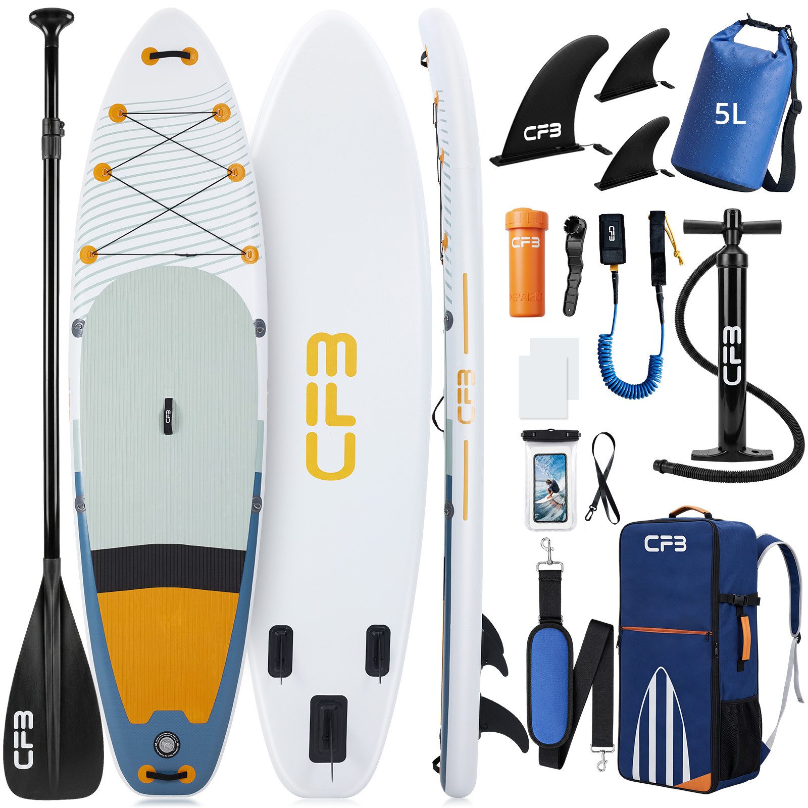CFB SUP-Board XL 335x86x15 cm, extra breites Stand Up Paddle Board, aufblasbares iSUP, (Komplett-Set, mit Paddel, Pumpe, Rucksack, Leash, Dry Bag, Handyhülle & Schultergurt), 200 kg Traglast, für Anfänger & Erwachsene