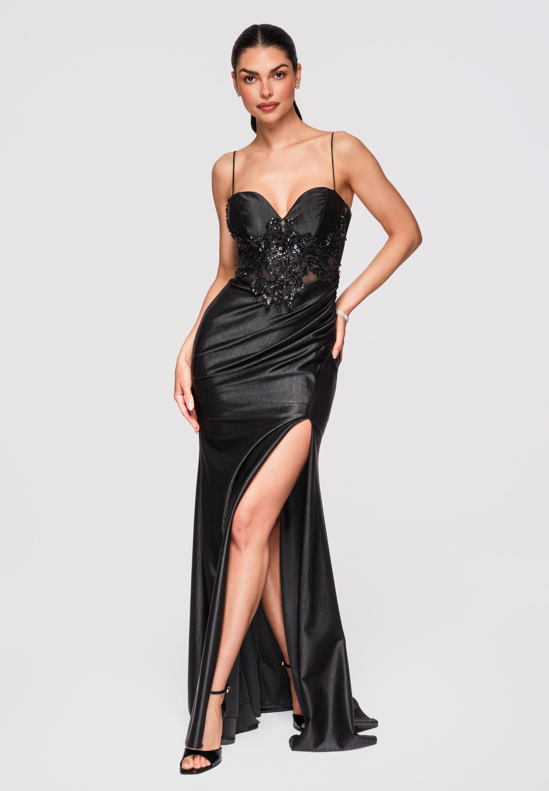 OMBRE Abendkleid Abendkleid Maxi Figurbetont mit Spitze Schwarz M (kein Set, 1-tlg) Korsett-Oberteil, Transparente Einsätze, Schlitz