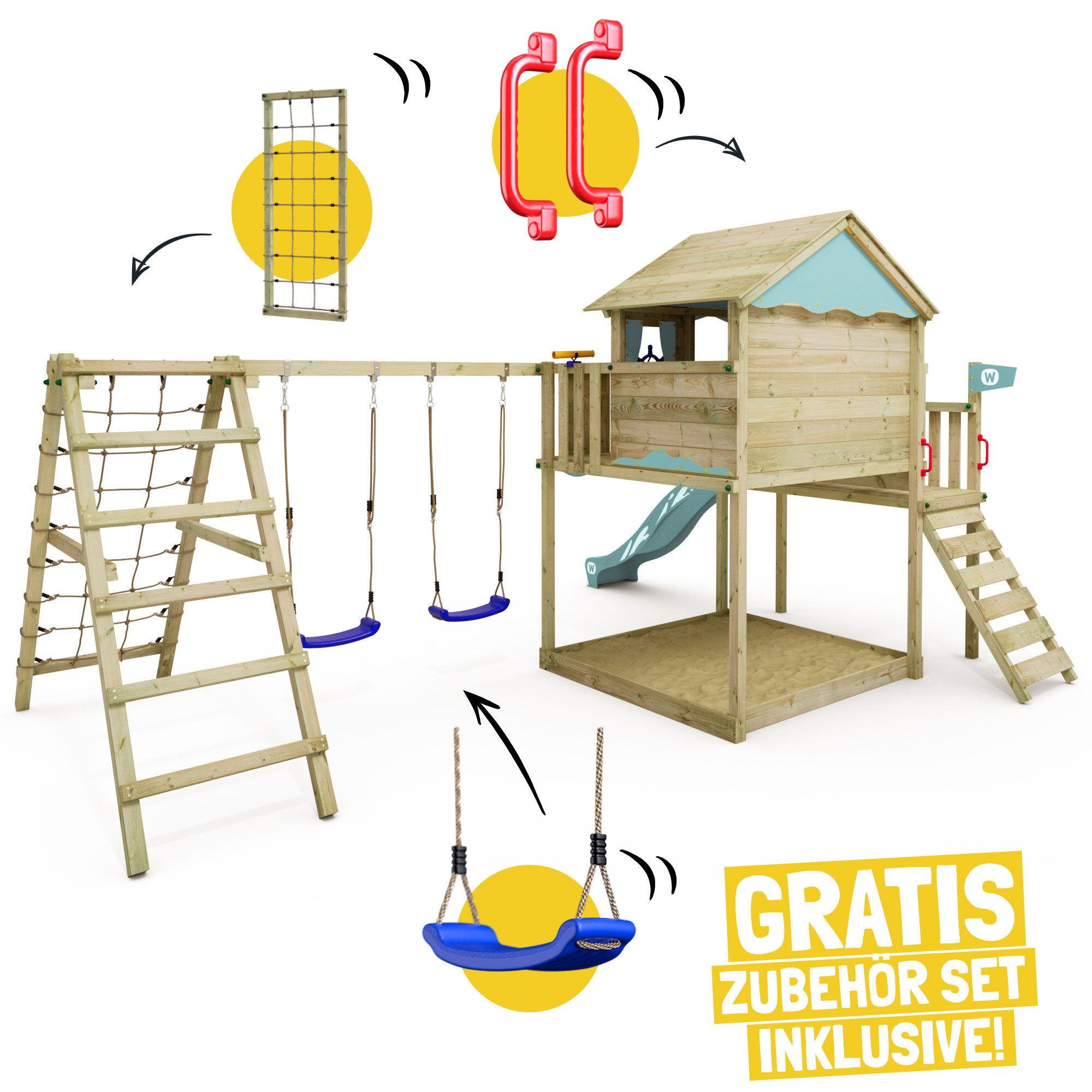 Wickey Spielturm Smart Ocean – Abenteuer-Stelzenhaus mit Rutsche & Kletteranbau, Wetterfestes & langlebiges Holz – mit 10 Jahren Garantie*