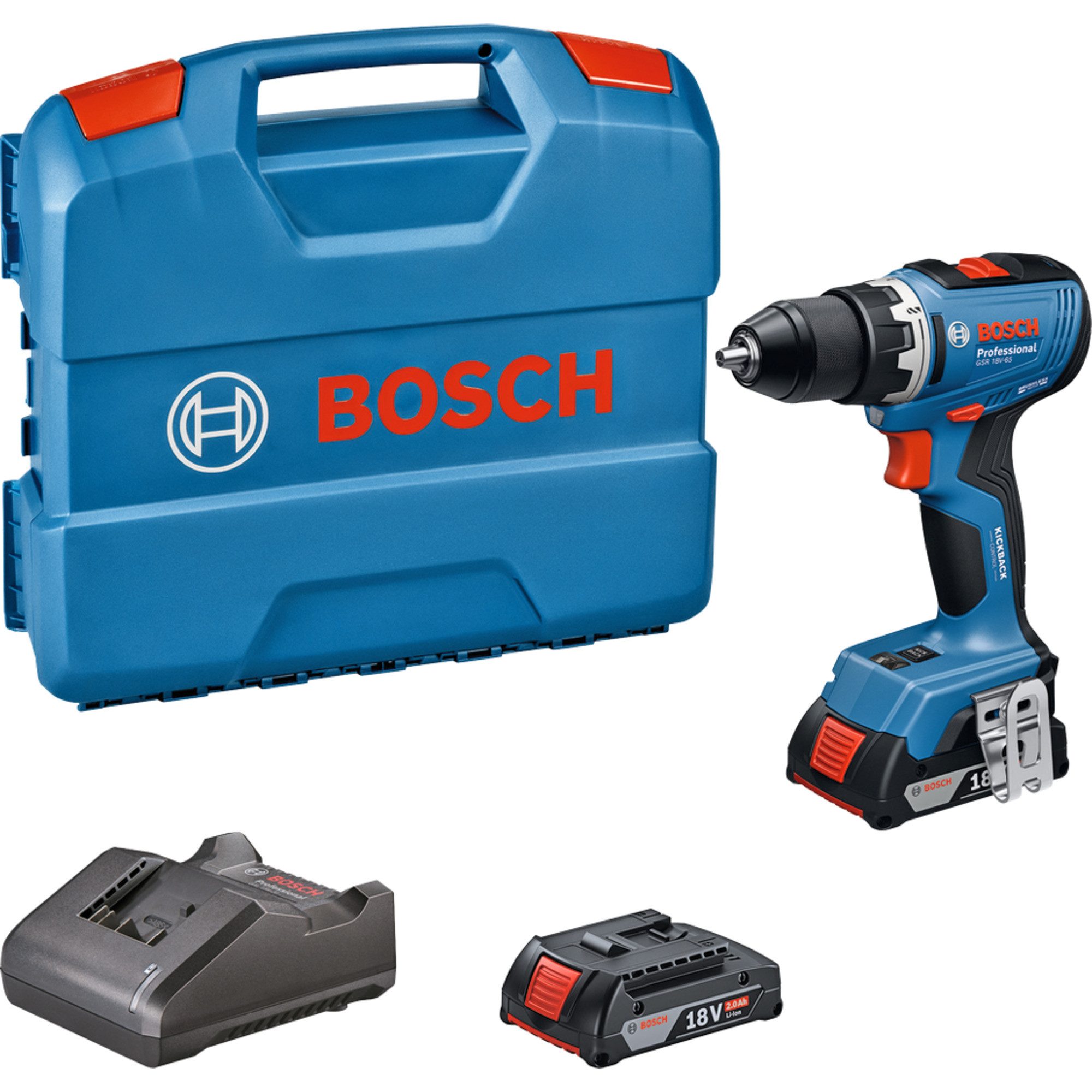 Bosch Professional Akku-Bohrschrauber Bosch Professional Akku-Bohrschrauber GSR 18V-65, 18 V V, (2x Li-Ion Akku GBA18V 2,0Ah, in L-Case)