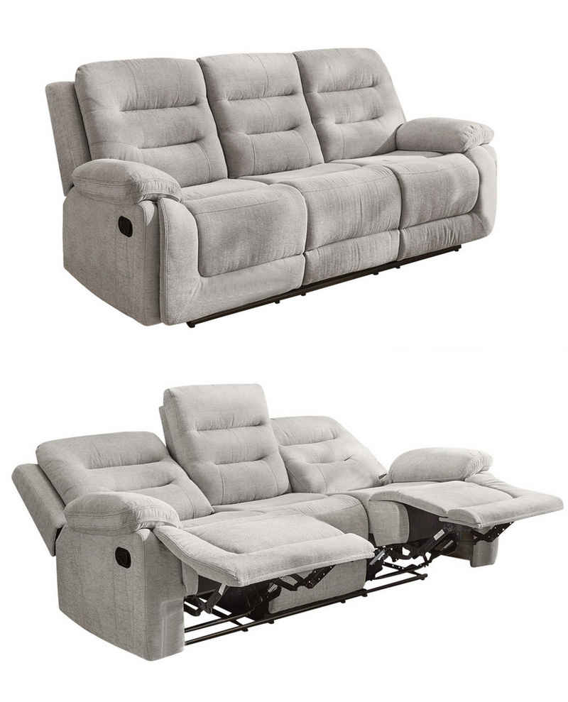 luma-home 3-Sitzer 15503, Sofa mit halbautomatischer Relaxfunktion 220 cm breit, Federkern, Wellenunterfederung, Bezug Chenille, Grau