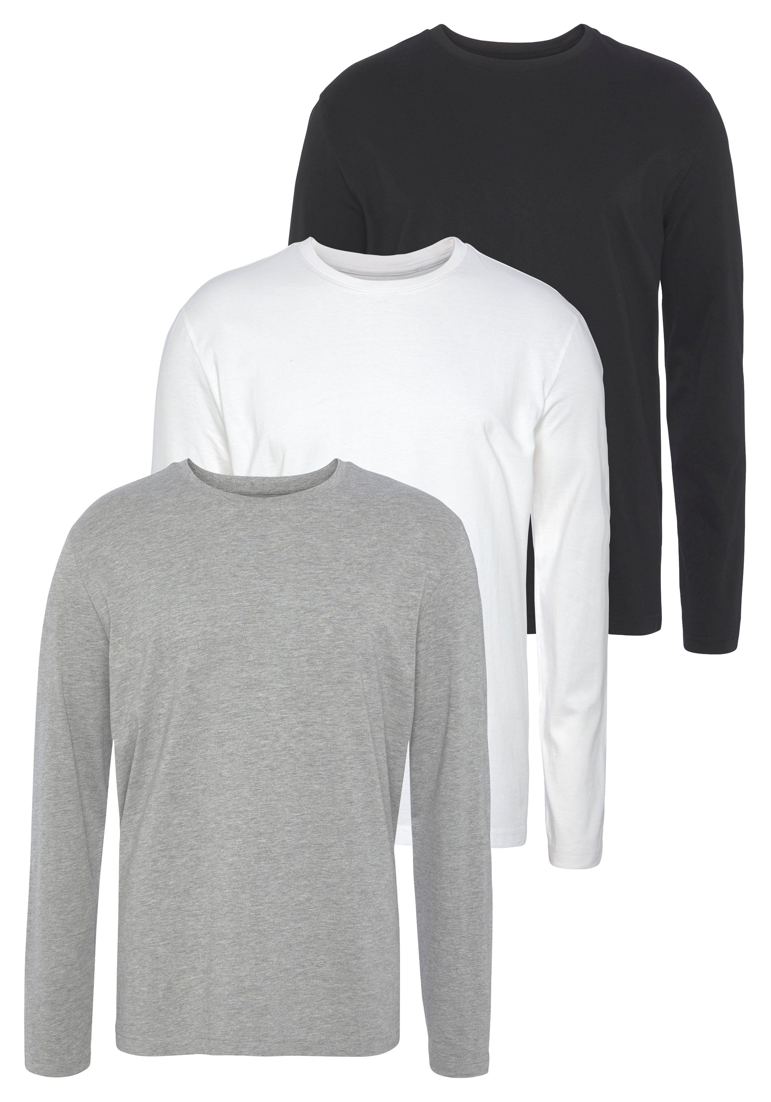 Man's World Langarmshirt (Packung, 3-tlg., 3er-Pack) aus reiner Baumwolle weiss-grau-schwarz