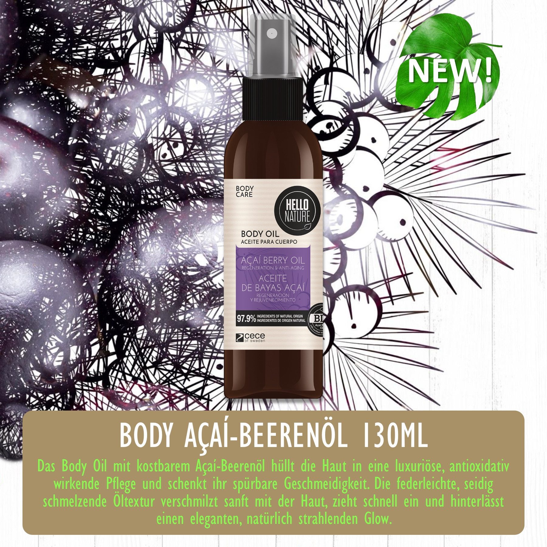 Hello Nature Körperöl Hautöl Körperöl Pflegeöl Body Öl Acai-Beerenöl Gesicht Körperpflege, 3-tlg., Hautpflege, Körperöl, Acai, Spray