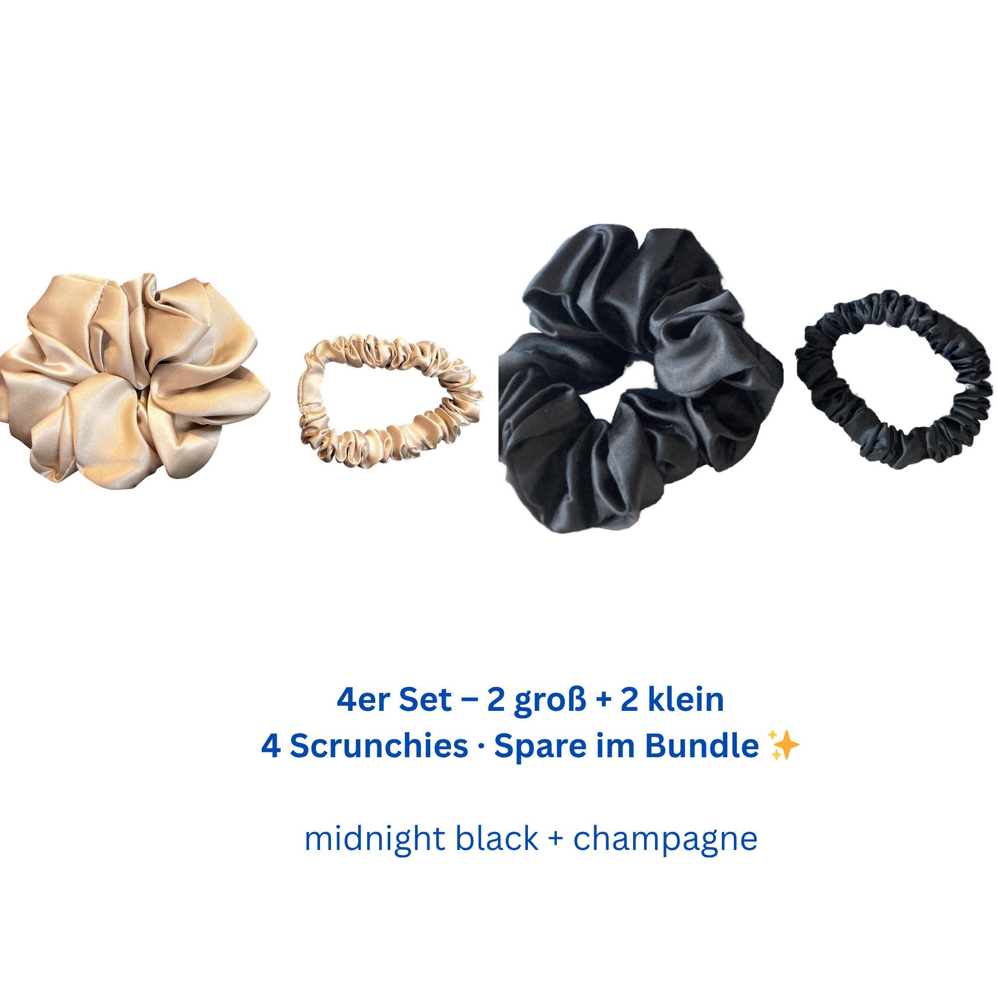 orignee Haargummi Seiden Scrunchies 4er Set, 100% Maulbeerseide, kein Knick,(2×L + 2×S), 4-tlg., 2 Sets – insgesamt 4 Scrunchies (je 1 groß + 1 klein), 100% Maulbeerseide (6A Qualität)