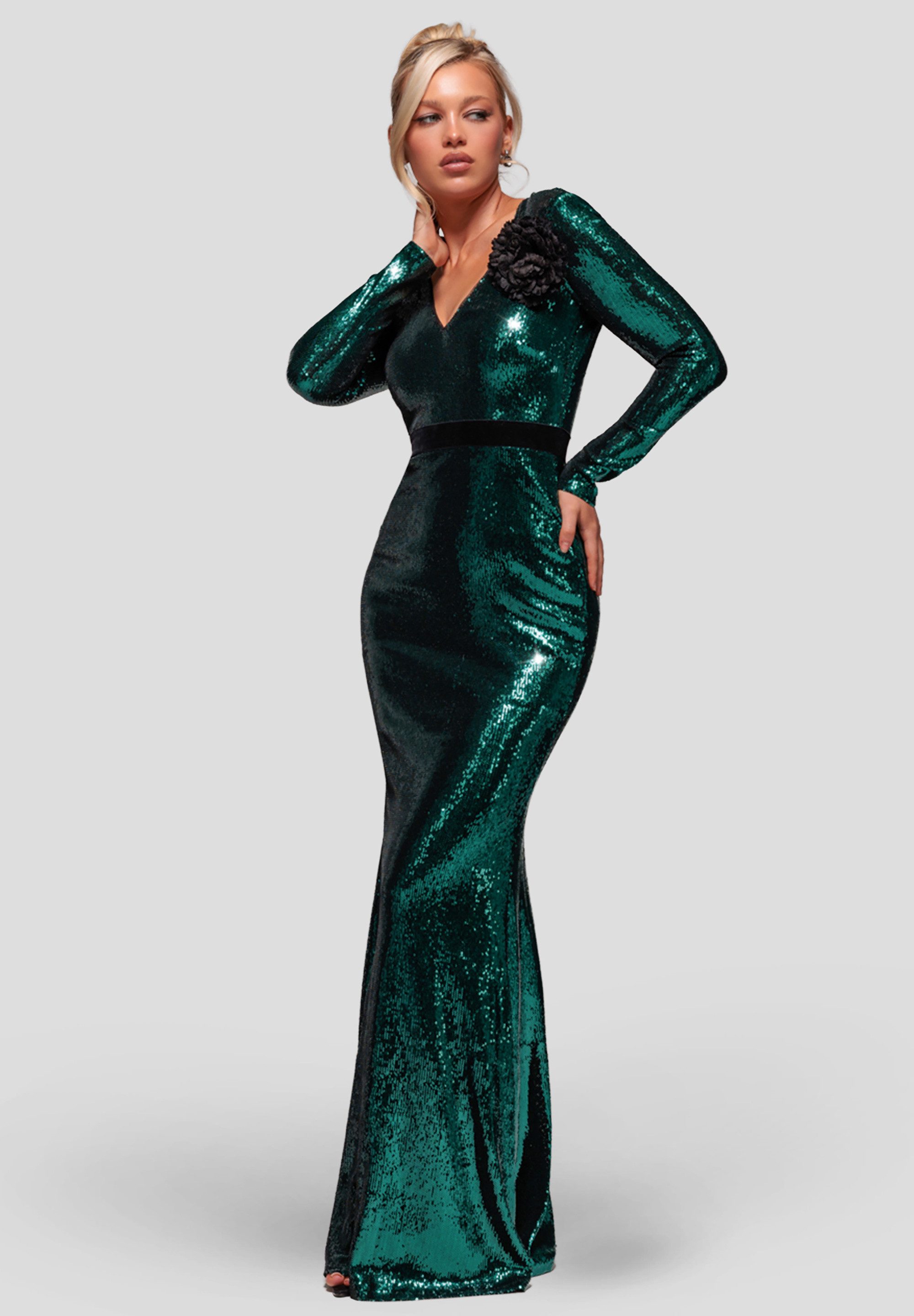 Goddiva Maxikleid Liquid Sequin Corsage Maxi knielang, V-Ausschnitt, lange Ärmel