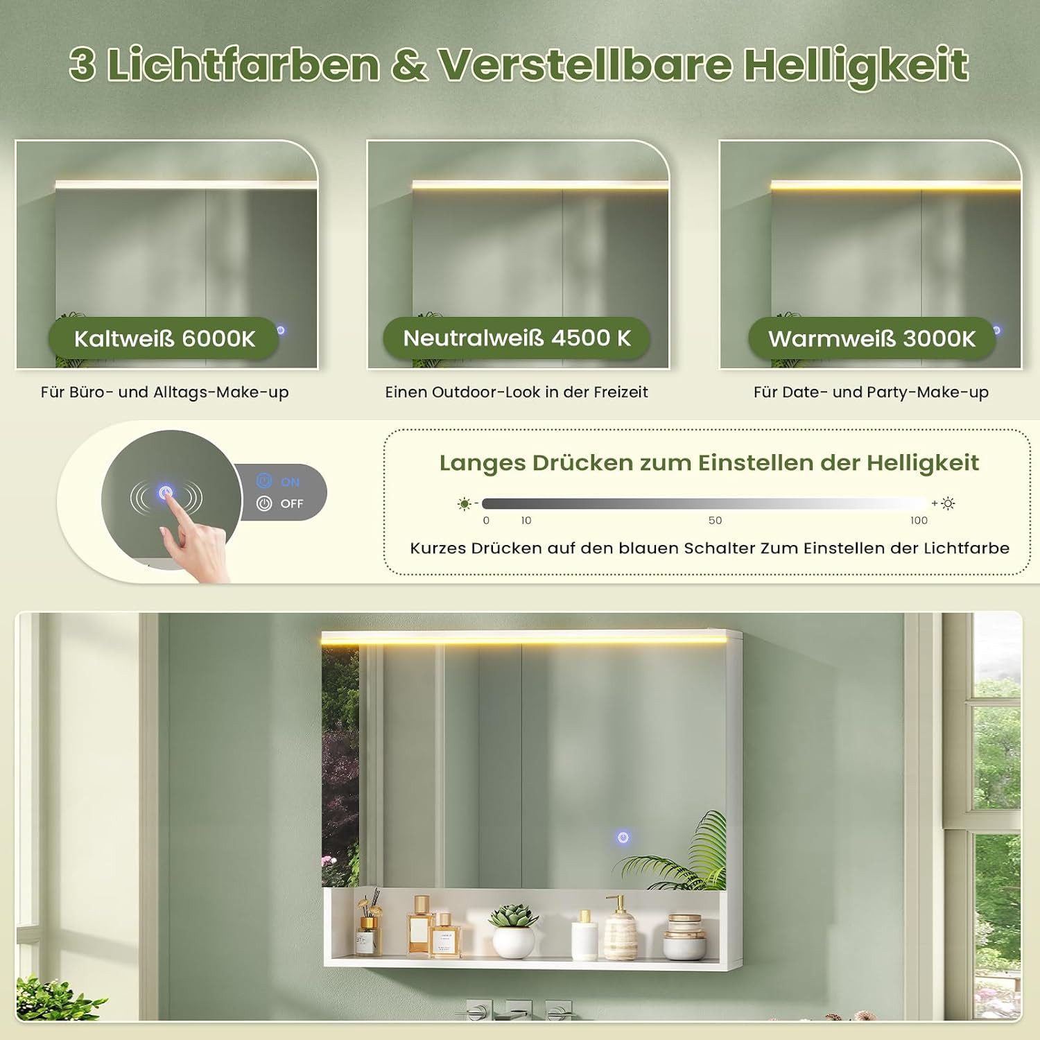 MSMASK Badezimmerspiegelschrank mit LED-Beleuchtung und Steckdose, Offenes Regal, 80 x 19,5 x 75.5 cm (1-St) 3-stufig höhenverstellbare Ablage – Bild 4 von 5