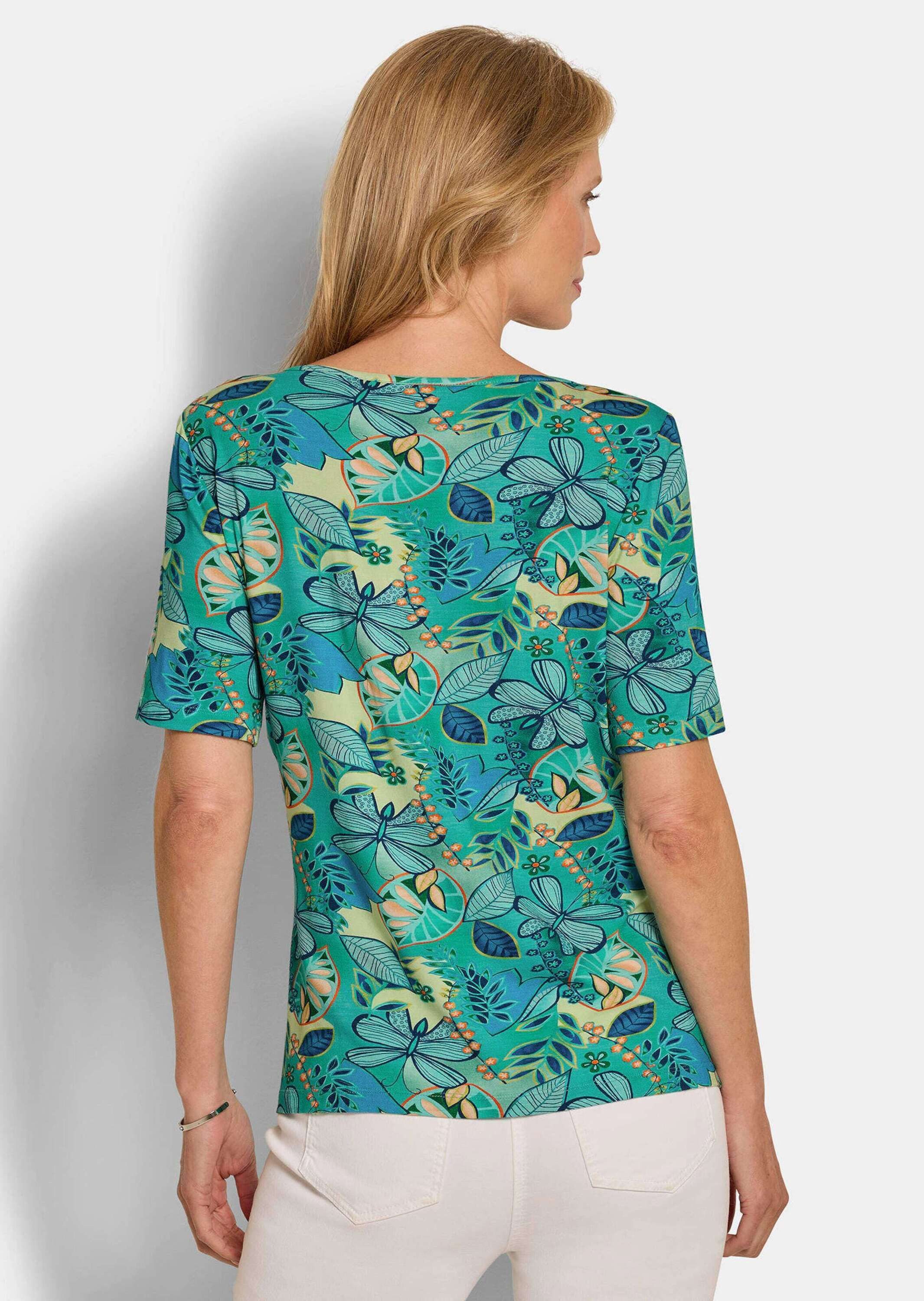 GOLDNER T-Shirt Cityshirt mit floralem Print Lässiges Druckshirt mit U-Boot-Ausschnitt und Halbarm