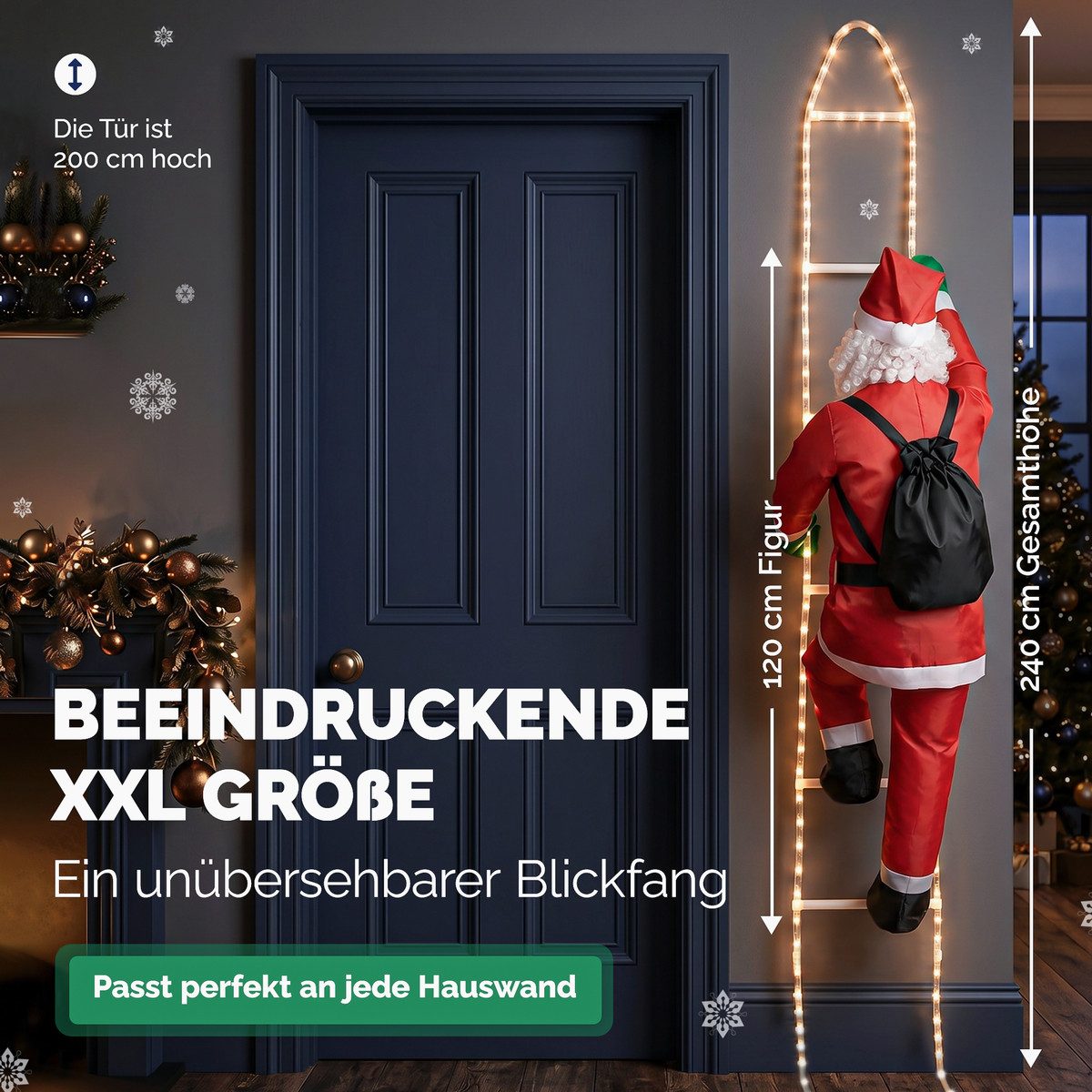 monzana Weihnachtsmann, LED Leiter XXL 240cm für In-/Outdoor 8 Leuchtfunktionen Santa Claus
