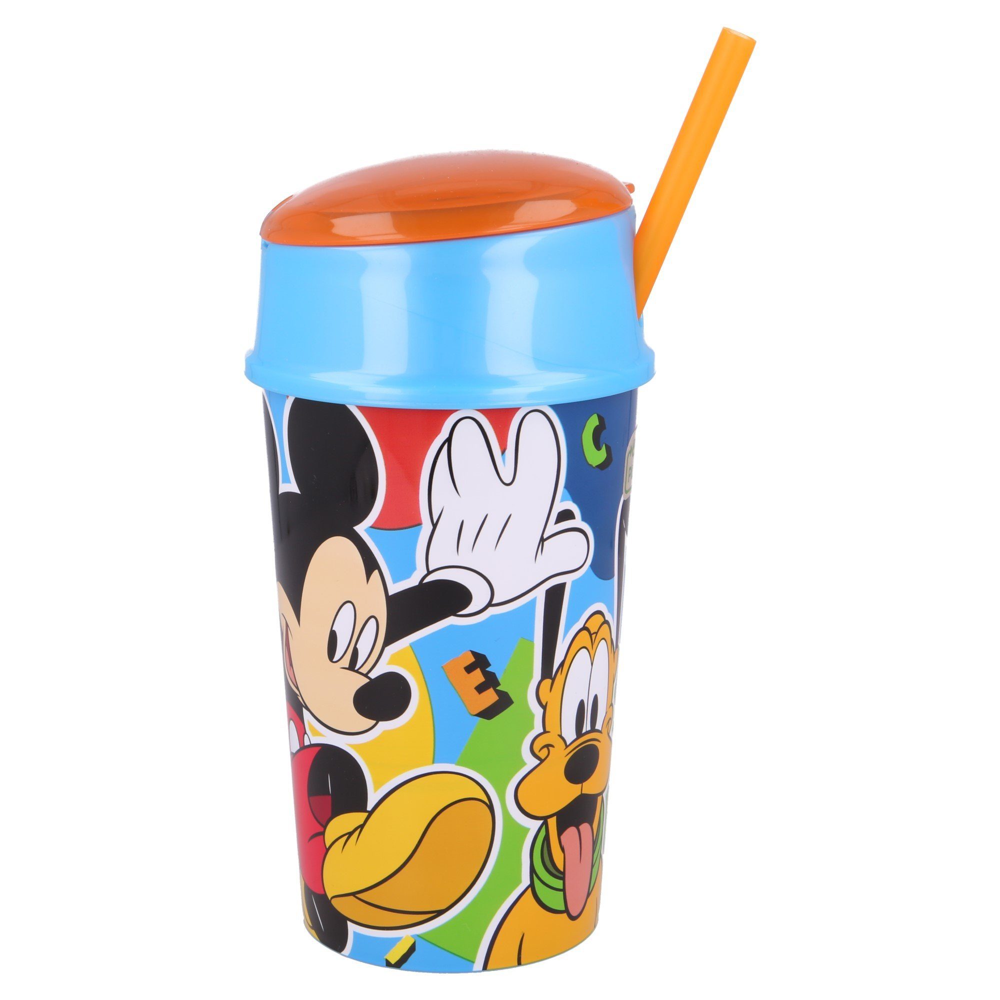 Disney Mickey Mouse Kinderbecher Mickey Maus, Kunststoff, 2 in 1 Becher 400 ml mit integriertem Snackfach & Trinkhalm BPA frei