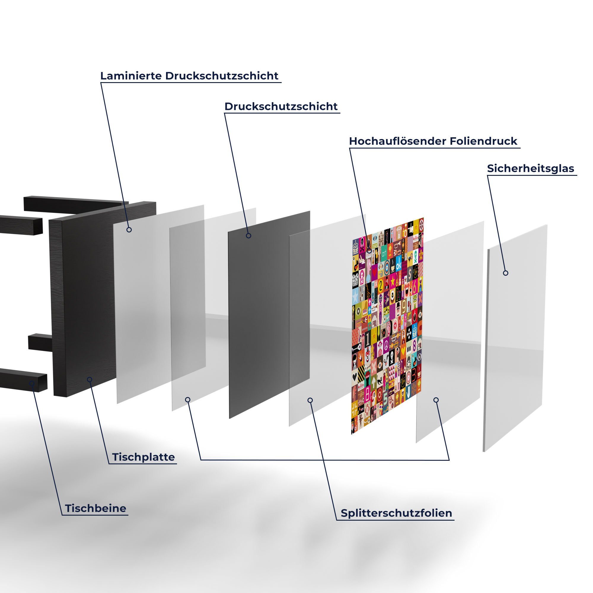 Glas Beistelltisch Glastisch Schwarz 'Miniaturillustrationen', Couchtisch modern DEQORI