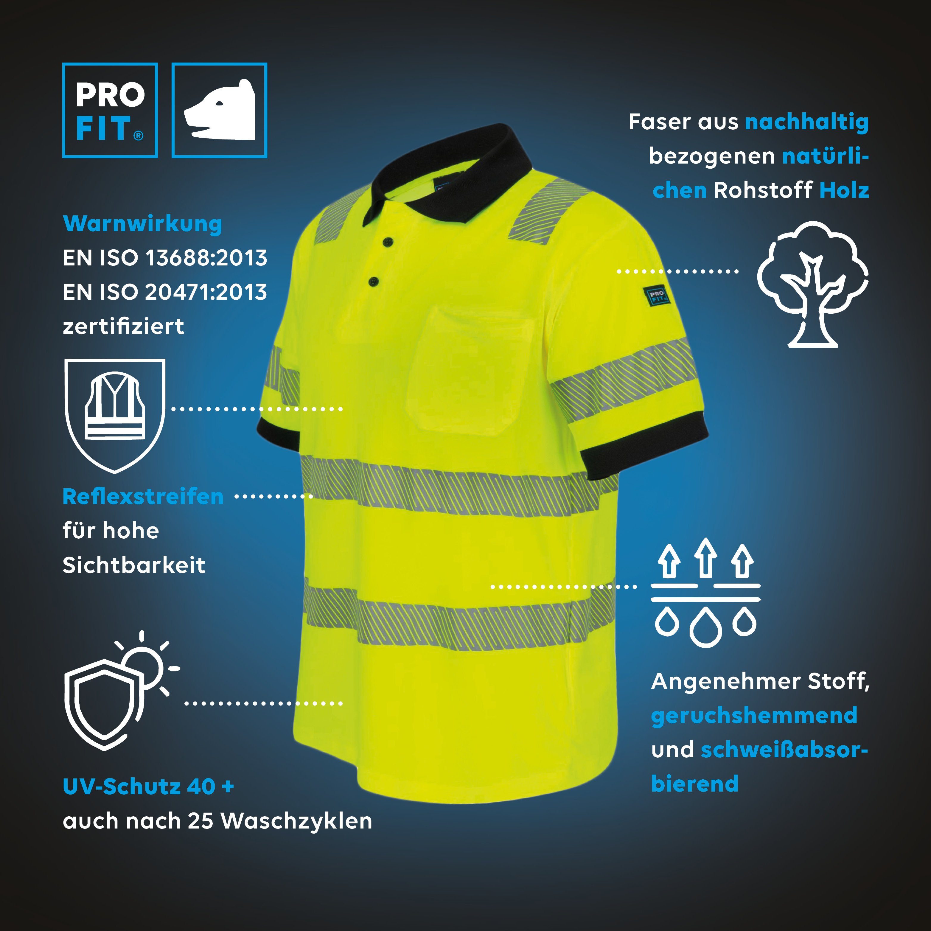 PRO FIT Poloshirt Warnschutz, Kurzarm-Polo Shirt, Arbeits-Poloshirt - Neongelb (1, Stück) Atmungsaktiv, hohe Sichtbarkeit durch Reflexstreifen, mit UV-Schutz