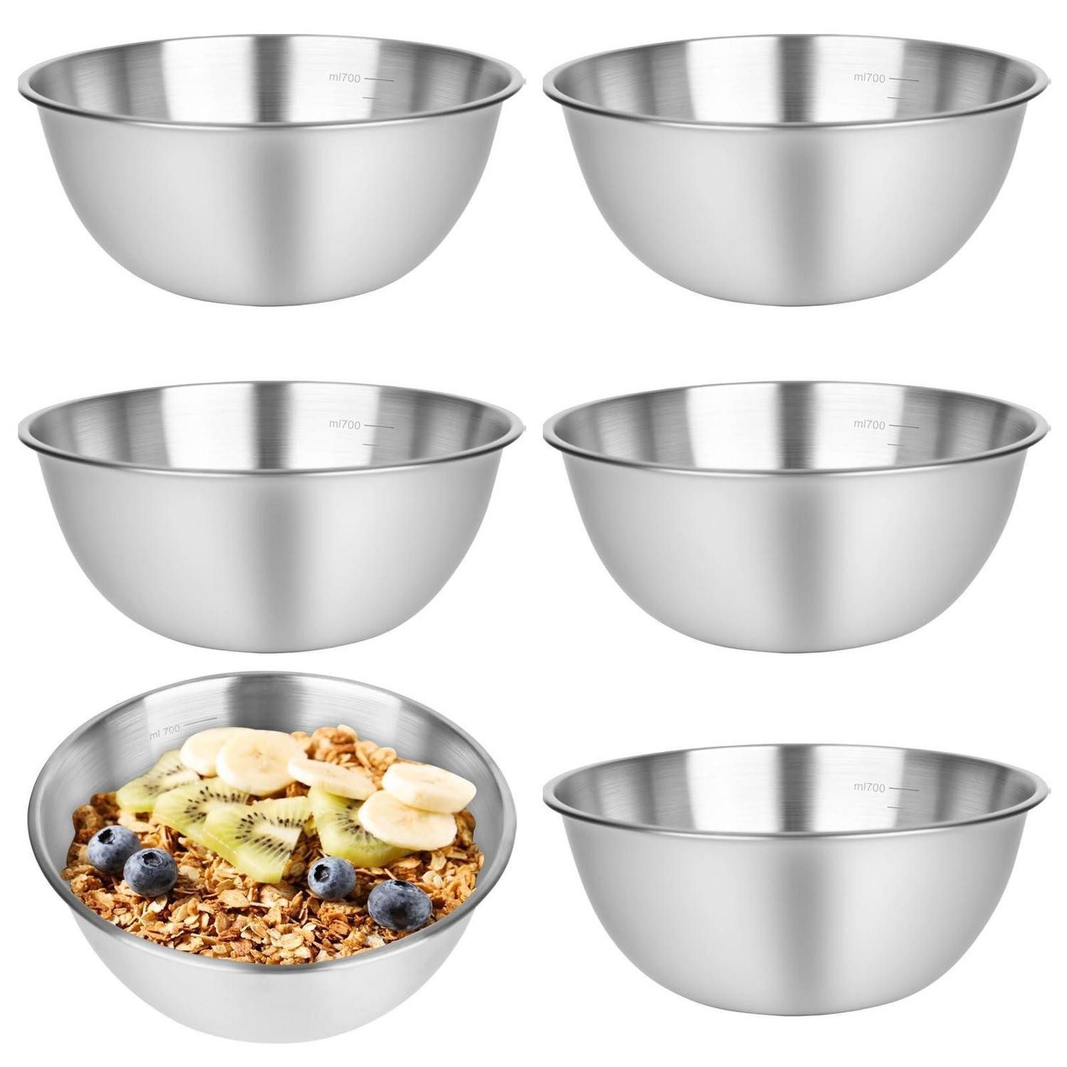 LuxusKollektion Salatschüssel Edelstahl Schüssel Set 6tlg. mit Messmarken Silber