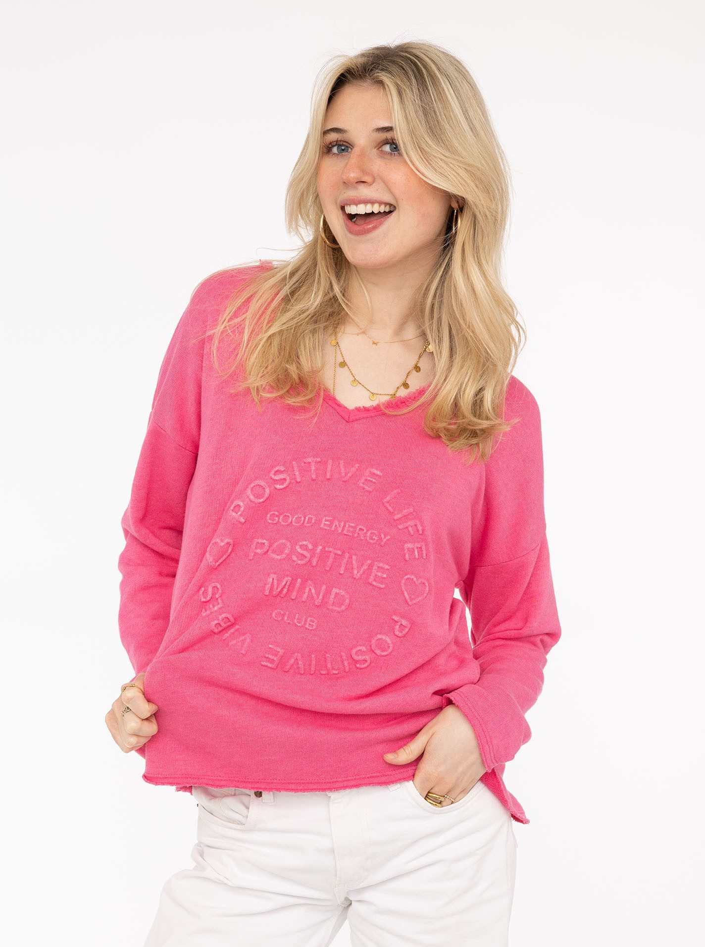 Zwillingsherz Sweatshirt "Positive Mind" ausgefranster V-Ausschnitt, Used Look, Langarm, Schriftzug