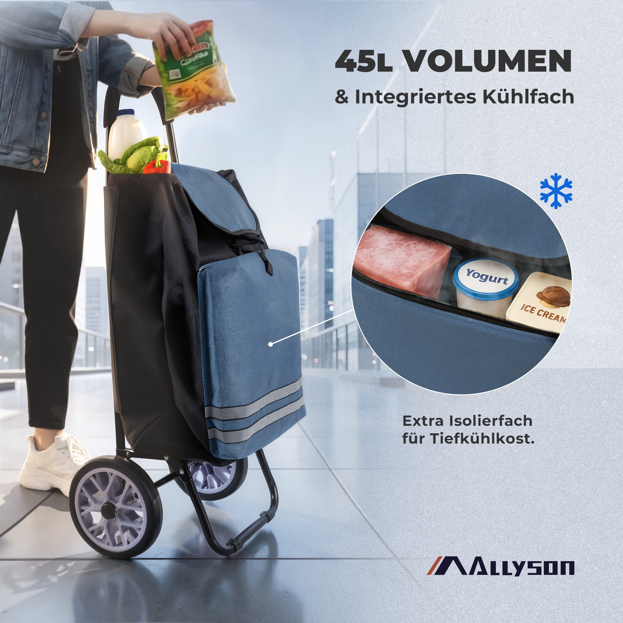 Allyson Einkaufstrolley Klappbarer Shopping Trolley & Einkaufswagen Treppensteiger, 45 l, 45L Volumen, Kühlfach, Reflektoren, Farbe: Blau, Aluminium-Gestell