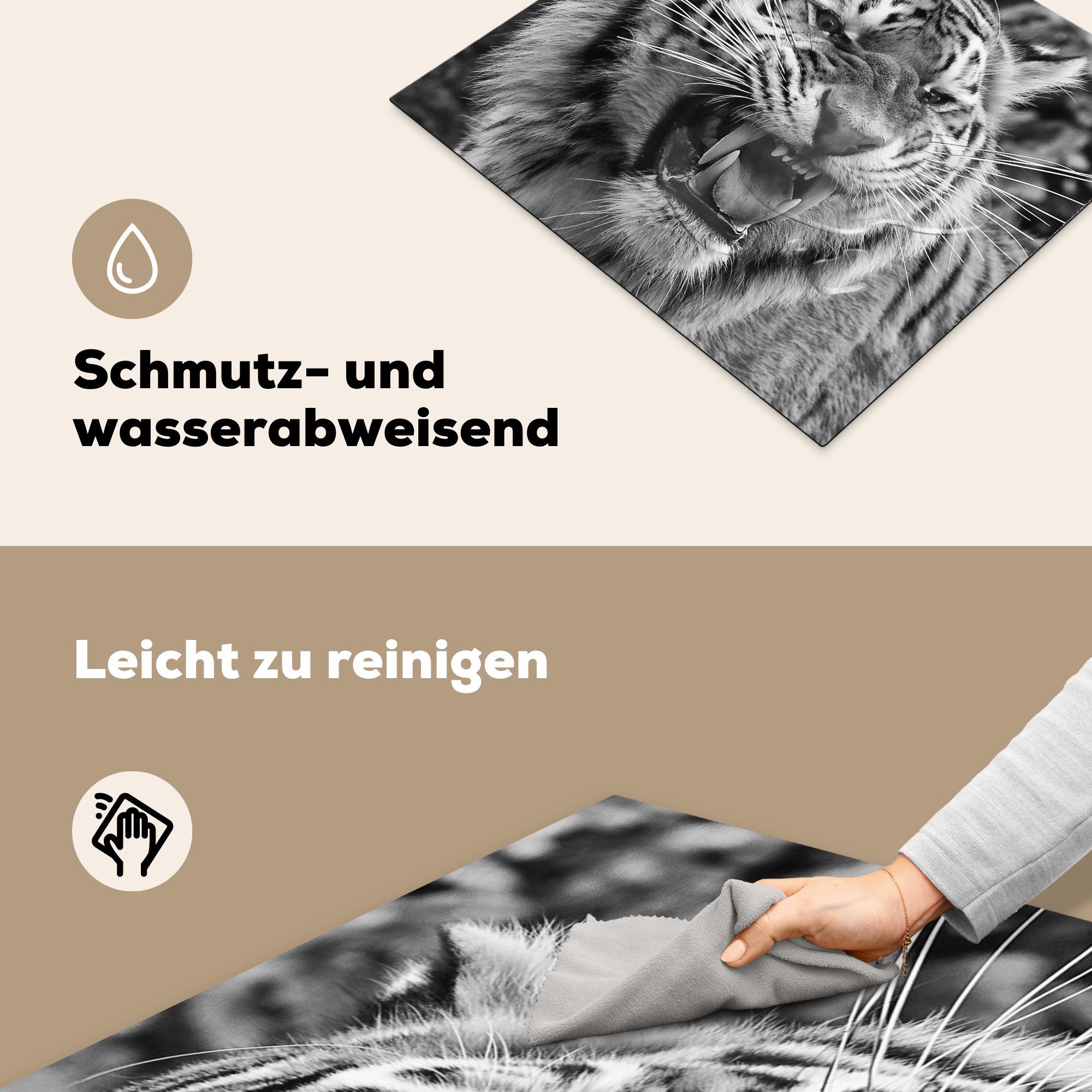MuchoWow Herdblende-/Abdeckplatte Tiger - Tiere - für (1 tlg), 59x52 küche, Vinyl, Induktionsmatte Weiß, die - cm, Ceranfeldabdeckung Schwarz