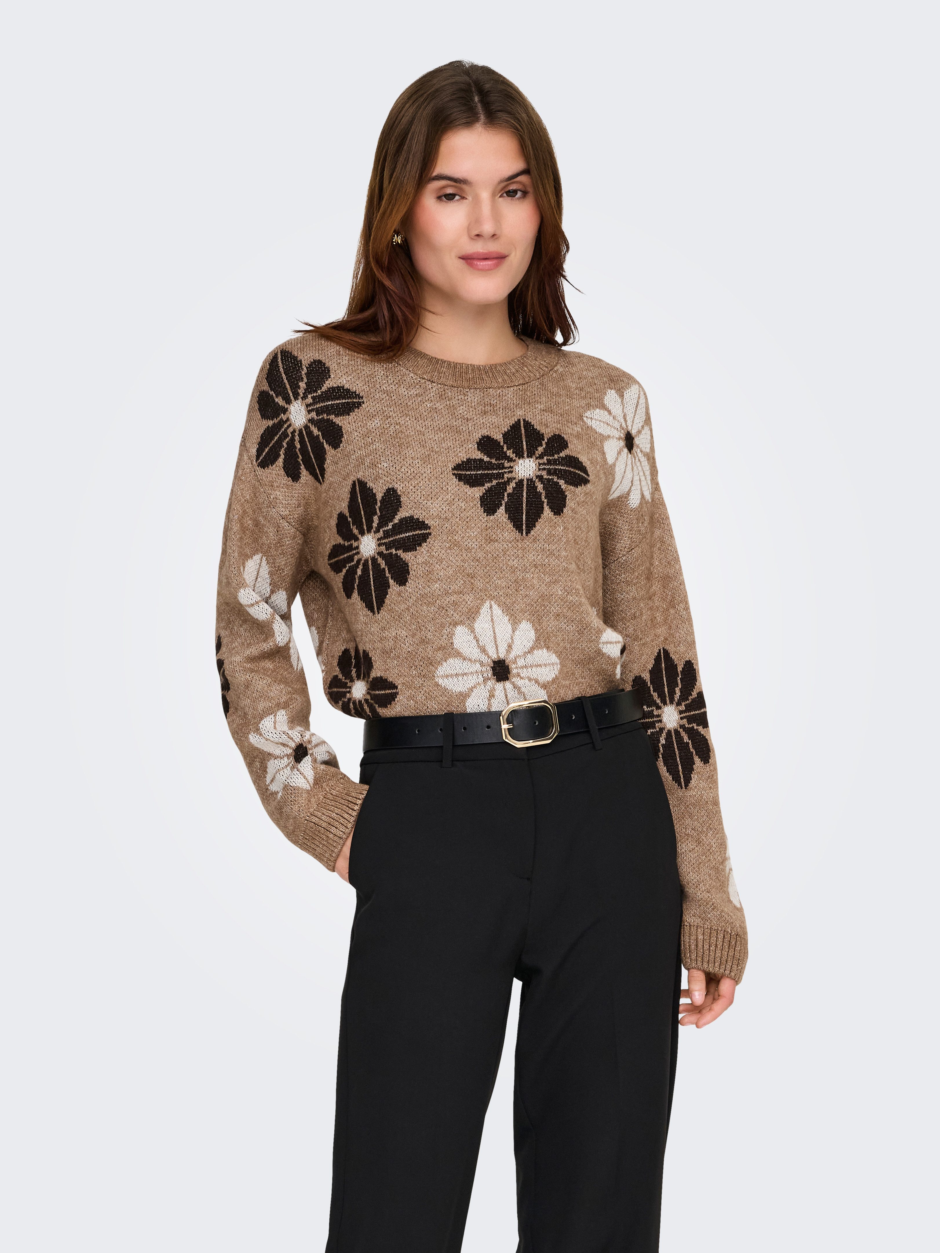 ONLY Rundhalspullover ONLFREESIA LS FLOWER O-NECK RP KNT mit Blümchen - Strickmuster