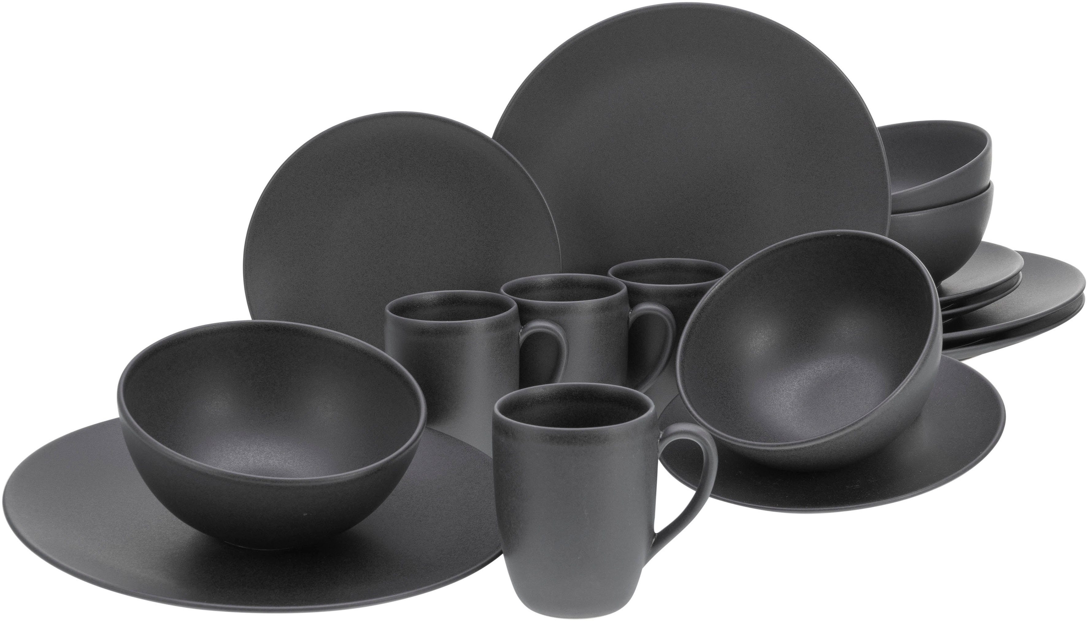 CreaTable Kombiservice Geschirr-Set Soft Touch Black (16-tlg), 4 Personen, Steinzeug, Service, schwarz, seidenmatte Glasur, 16 Teile, für 4 Personen