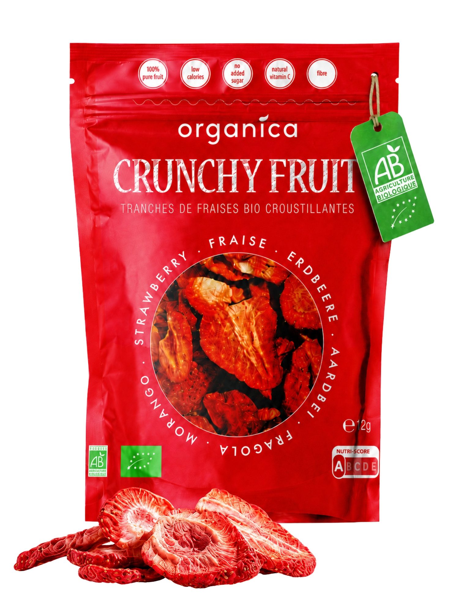 Organica Trockenfrüchte Gefriergetrocknete Bio-Erdbeeren, Erdbeerscheiben ungezuckert, 1 x (Single Pack 12g), Bio-zertifiziert, 100 % Frucht, Ohne Zuckerzusatz, Nutri-Score A
