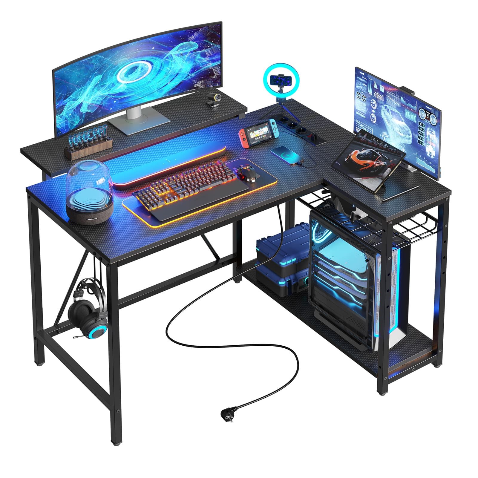 Bestier Gamingtisch Gaming Schreibtisch mit LED-Leuchten, 106/133/147×50cm Computertisch (106.5cm Eckschreibtisch mit 2 USB-Ladeanschluss und 3 AC-Steckdosen, 1 Tisch), L Form Großer Tisch für Büro, Schlafraum