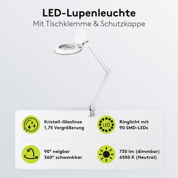 Goobay Lupenlampe 9 W LED-Lupenleuchte mit Klemme, SMD LED, kaltweiß, 6500 K, 1,75-fache Vergrößerung, Kristall-Glaslinse, Gelenkarm