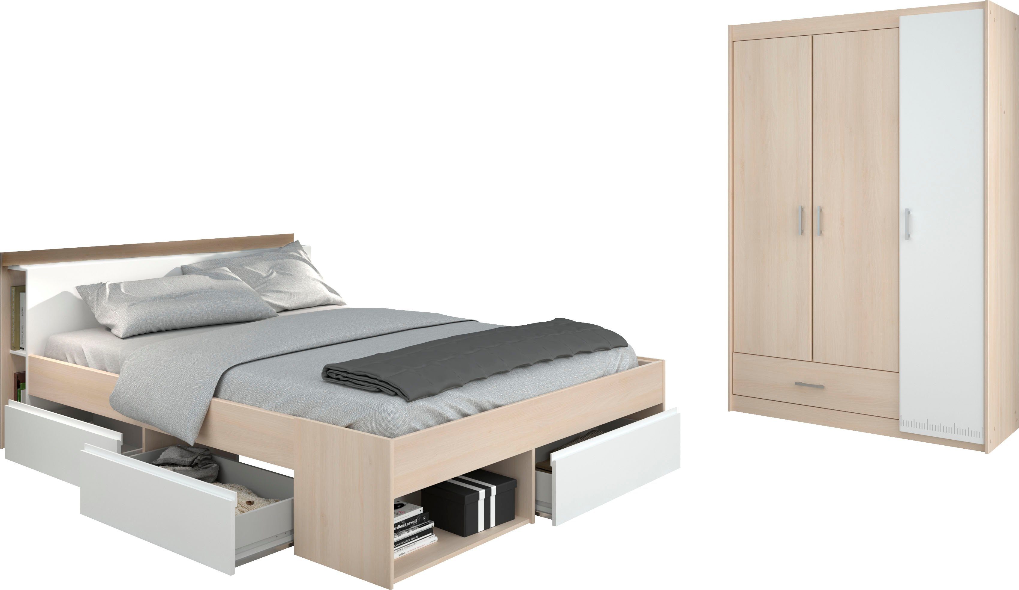 Kleiderschrank) und (Set, mit Jugendzimmer-Set Most, Parisot Schubkästen Bett 2-St.,