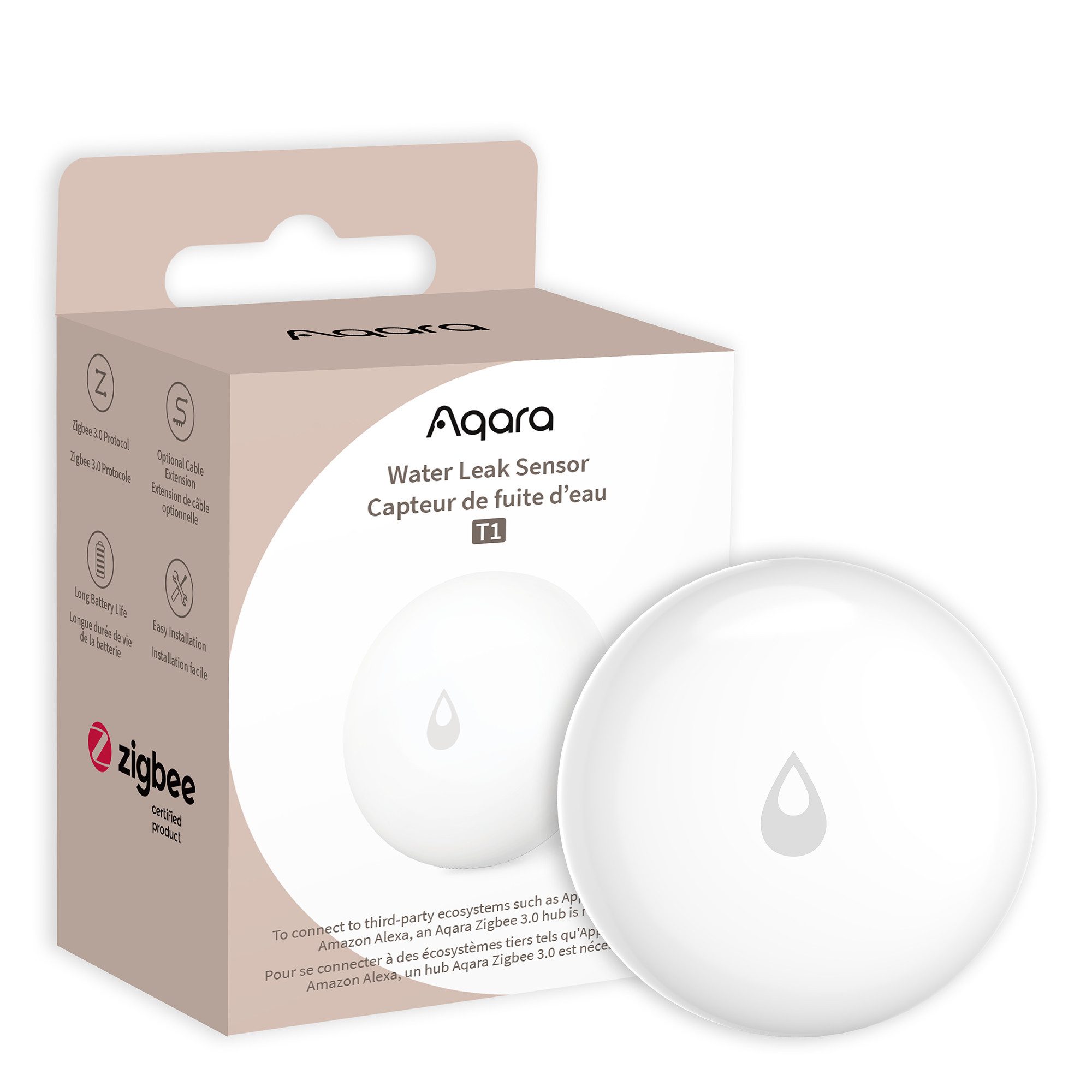 Aqara T1 Wassermelder (Wassersensor, Entdeckt Wasseraustritt und Überschwemmungen, Echtzeit Alarm und Mitteilung, Erfordert Aqara Zigbee 3.0 Hub)