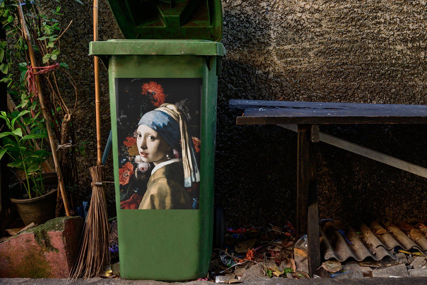 Mülleimer-aufkleber, St), Vermeer Mülltonne, Mädchen Perlenohrring (1 Container, - Abfalbehälter Blumen Sticker, Rot - - MuchoWow Wandsticker mit Johannes