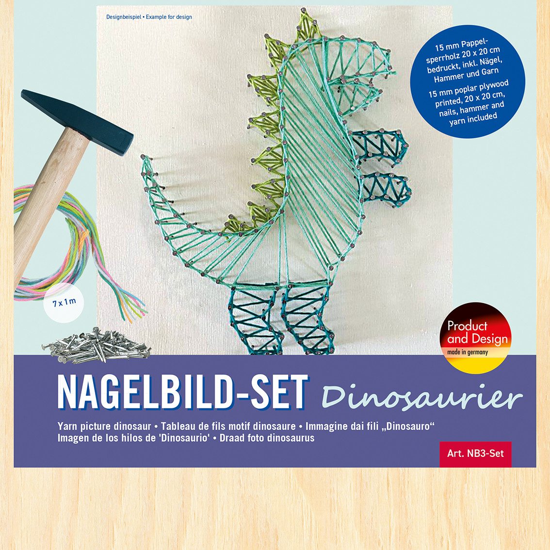 Pebaro Kreativset Nagelbild-Set, Fadenbild, mit Motiv Dinosaurier, NB3-SET