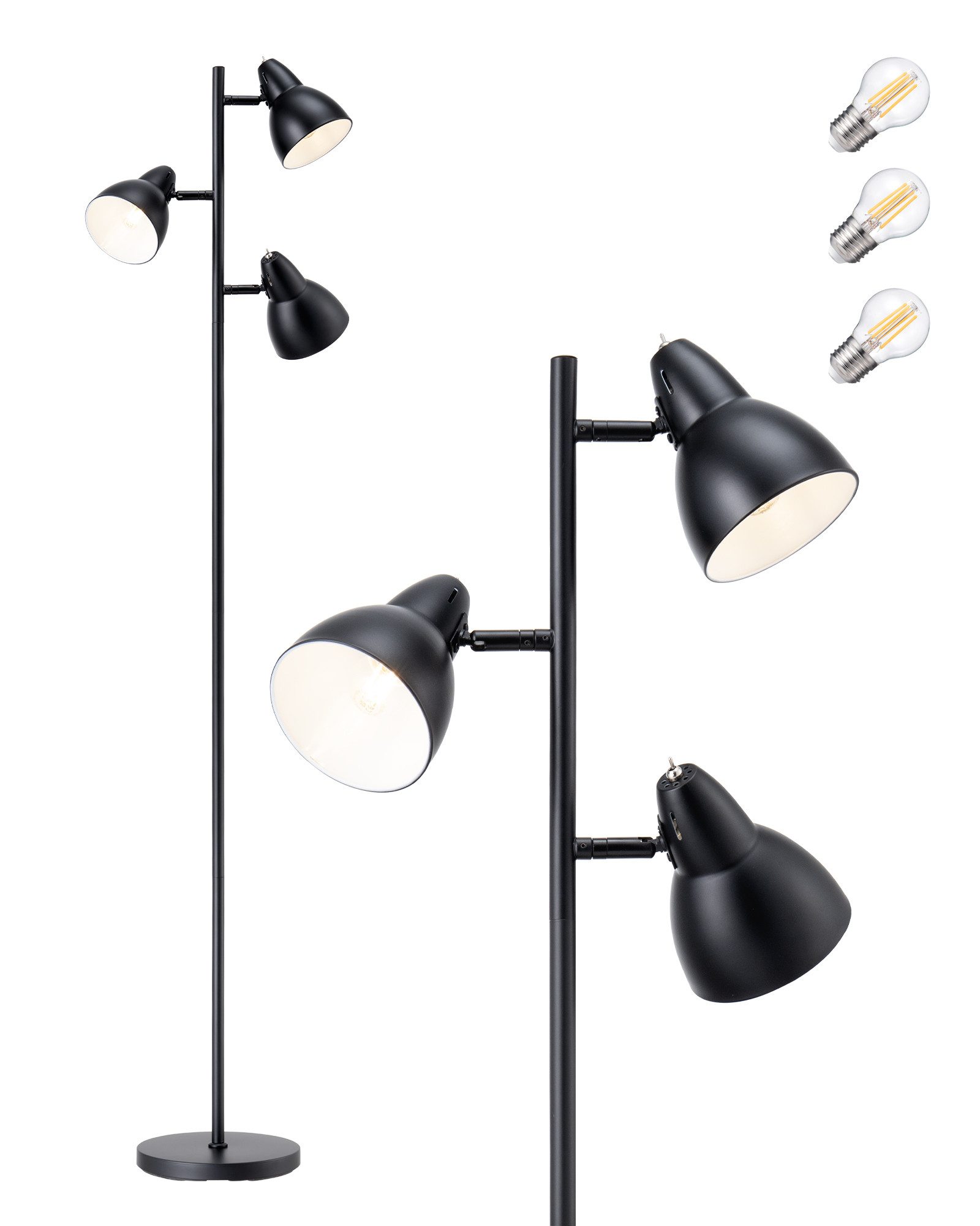 EDISHINE Stehlampe Wohnzimmer, 3-flammige Standleuchte, LED wechselbar, Leselampe mit Individuellen Schalter, schwarz