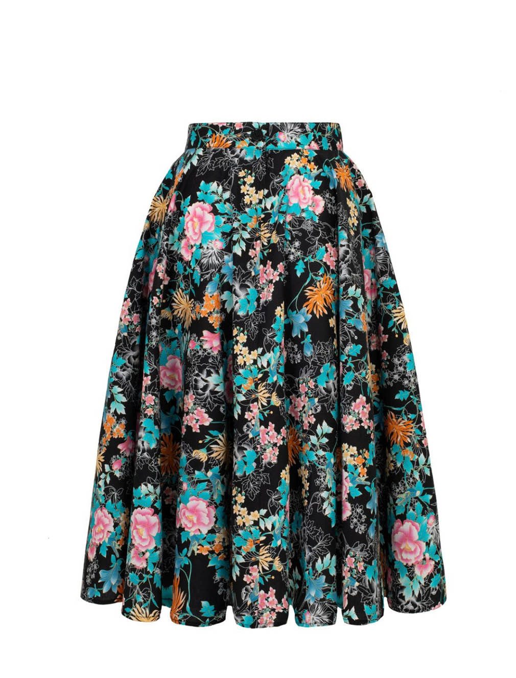 Hell Bunny A-Linien-Rock Umi 50's Swing Skirt Asiatischer Blumenmuster Vintage Tellerrock