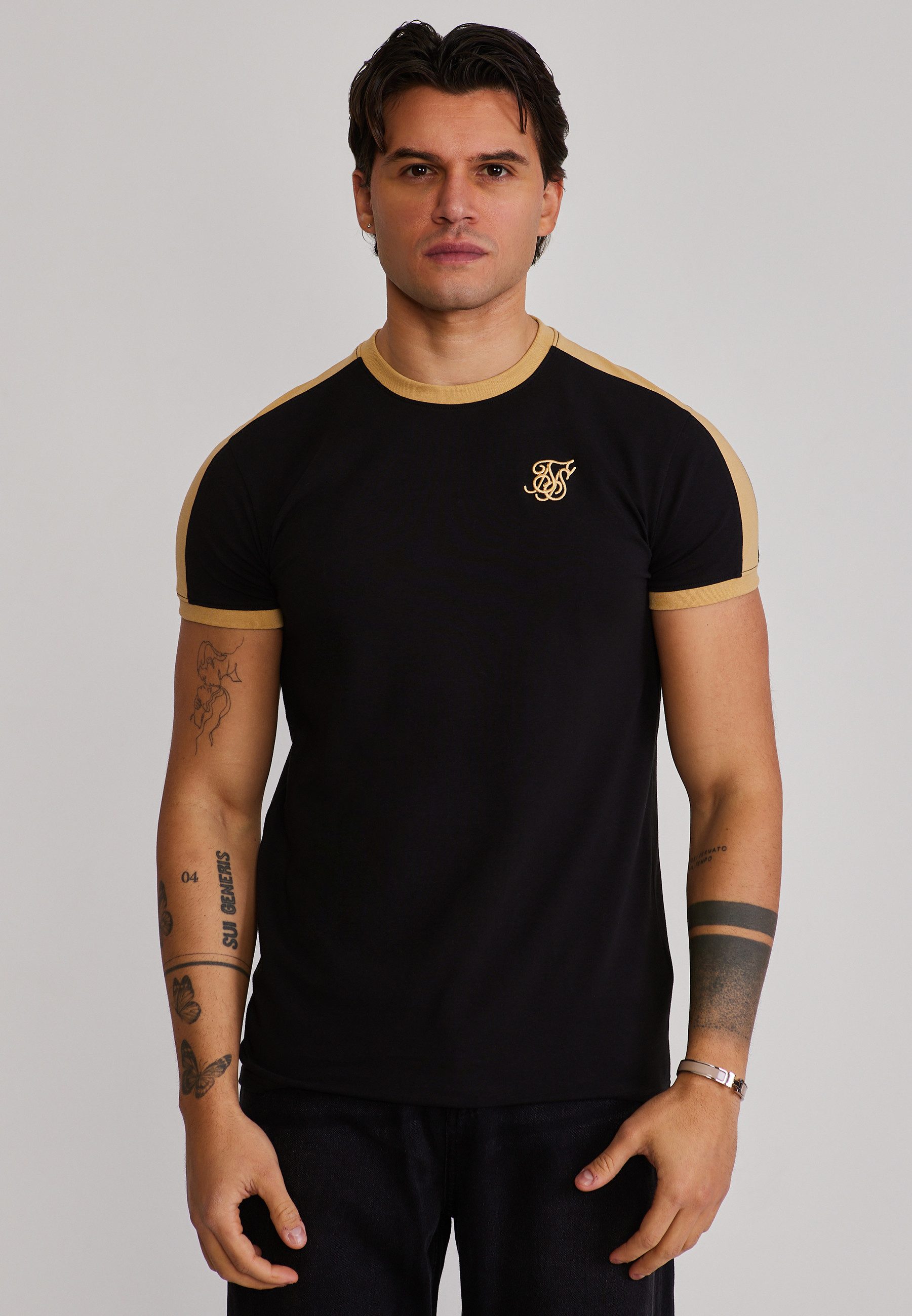 Siksilk T-Shirt SikSilk Herren Schwarz and Gold Stripe Ringer T-Shirt