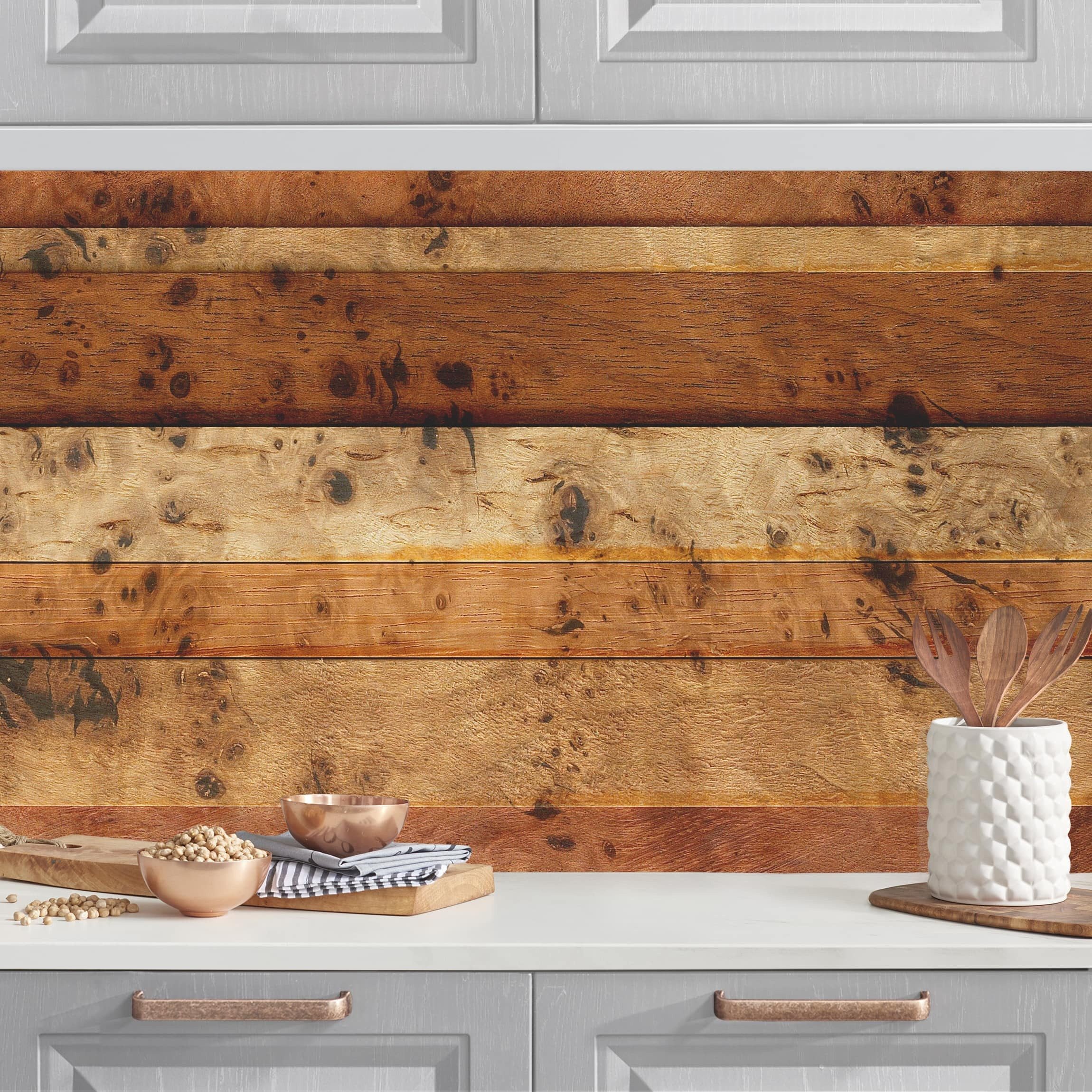 Bilderdepot24 Küchenrückwand selbstklebend braun Muster Landhaus, (1-tlg., Nischenrückwand - für Fliesenspiegel ohne Bohren - matt), Nischenrückwand Holzoptik fugenlos Wandpaneel Küche Herd