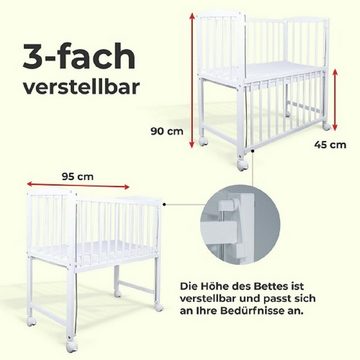 Babyhafen Beistellbett Mobiles Babybett 40x90 mit Rollen komplett Matratze Weiß Kiefer, Bettwäsche mit Spitze
