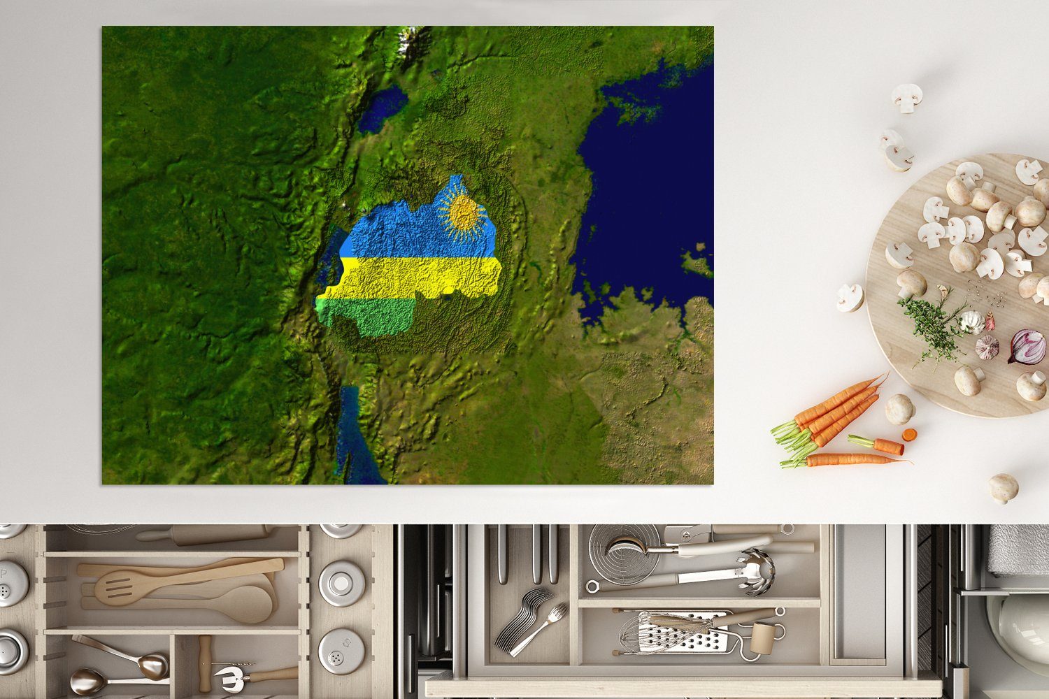 MuchoWow Herdblende-/Abdeckplatte Satellitenbild von Ruanda tlg), mit Landes Vinyl, Arbeitsfläche darüber, Flagge 70x52 der (1 nutzbar, Mobile des cm, Ceranfeldabdeckung