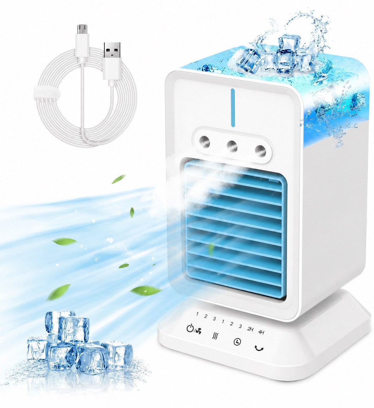 MOPUEA Ventilatorkombigerät 4-in-1 Mini-Luftkühler, Tischventilator mit Wassersprühnebel, 3 Geschwindigkeitsstufen, 120°-Oszillation, 200-ml-Wassertank, USB-C