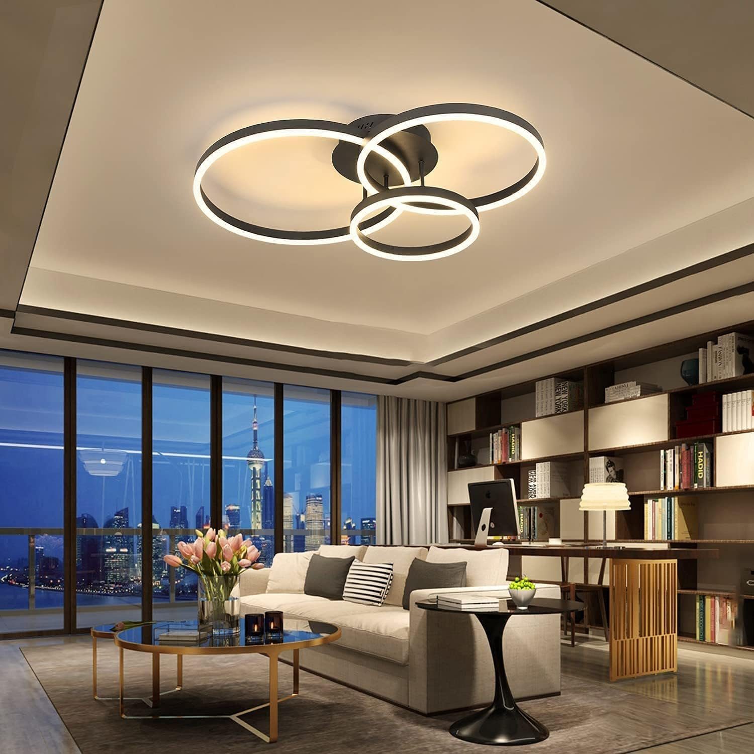 Nettlife LED Deckenleuchte Schwarz Dimmbar 82CM 74W mit 3 Ring, mit Fernbedienung, LED fest integriert, Warmweiß Neutralweiß Kaltweiß, Schlafzimmer Büro Küche Arbeitszimmer Hotel