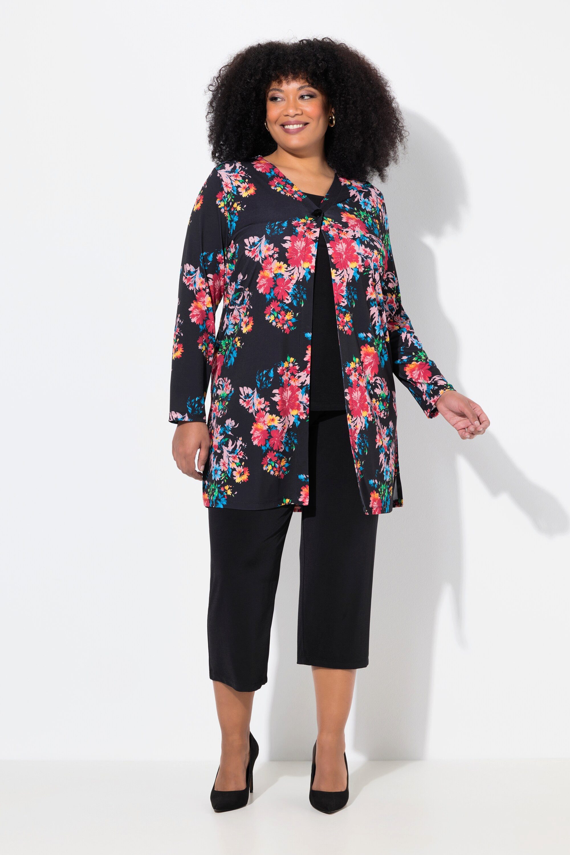Longshirt Jerseyjacke A-Linie V-Ausschnitt Langarm