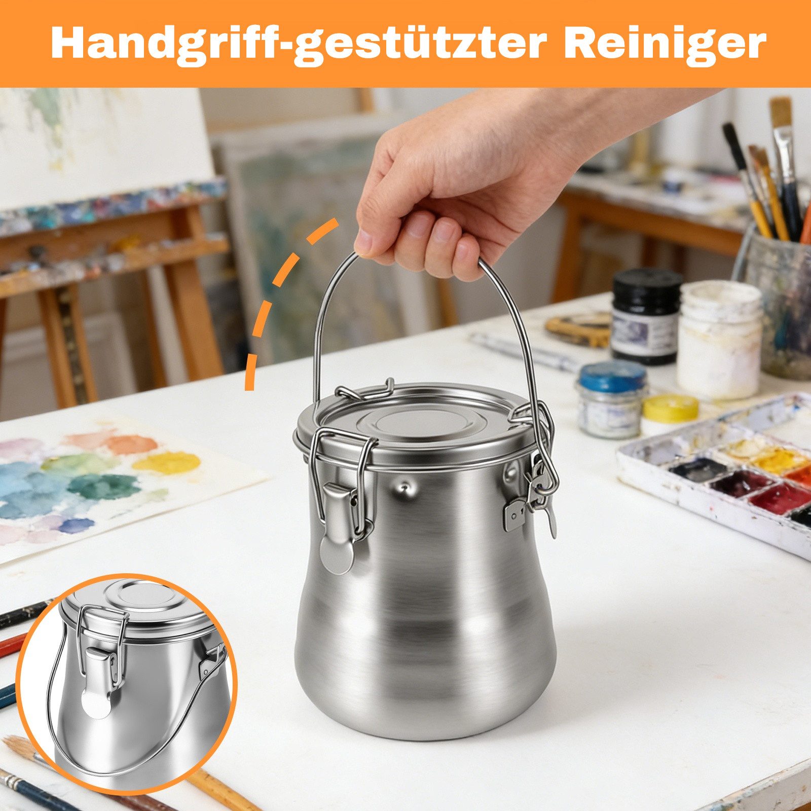 BlingBin Farbwanne Tragbarer Pinselwascher Edelstahl auslaufsicher,herausnehmbarem Sieb, (1 Stück, 1-tlg., 11.6x10.5x10.5cm), Pinselbecher mit Griff und Deckel  – Bild 3 von 5