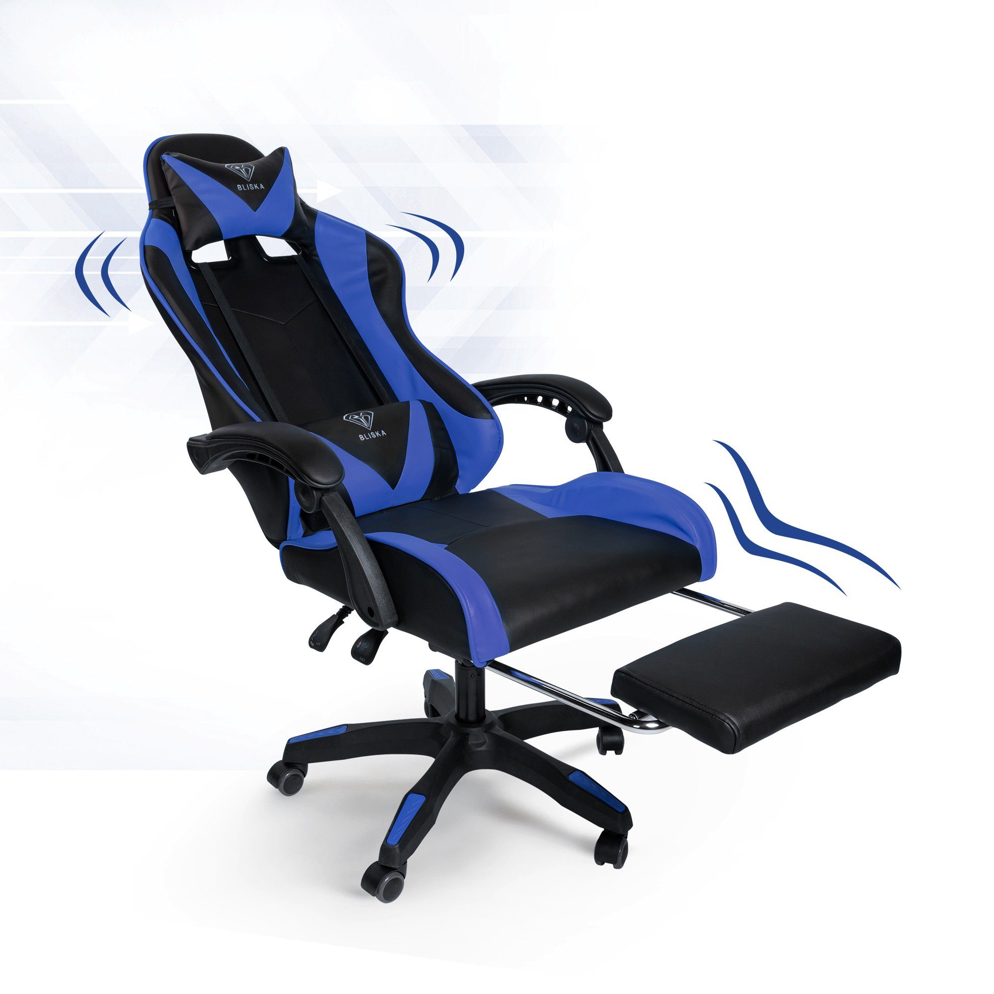 TRISENS Chefsessel Konrad (1 Chair Design-Armlehnen / Gaming flexiblen Blau Stück), Stuhl mit Gaming Schwarz mit Fußstütze