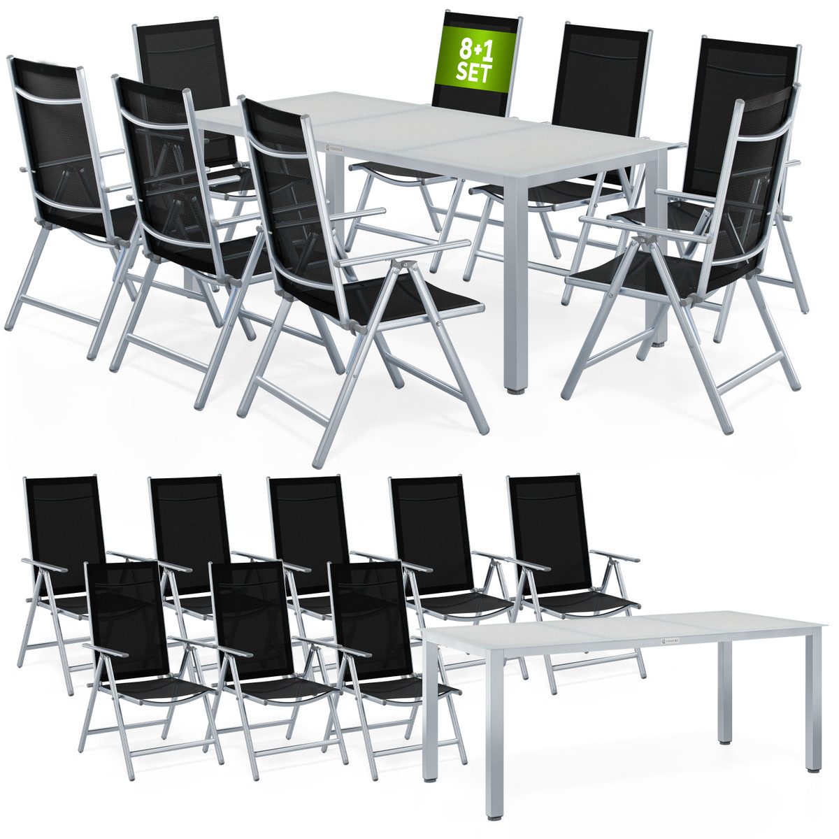 Casaria Garten-Essgruppe Bern, (9-tlg), Aluminium 5mm Sicherheitsglas Stühle Klappbar Verstellbar Wetterfest