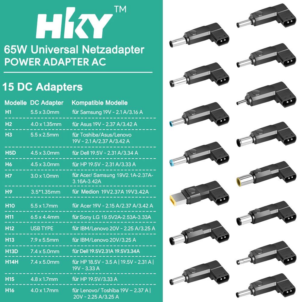 HKY 65W 13-in-1 Universal Netzteil Notebook-Netzteil (für Acer Dell Fujitsu Siemens LG Lenovo Toshiba Medion HP ASUS)