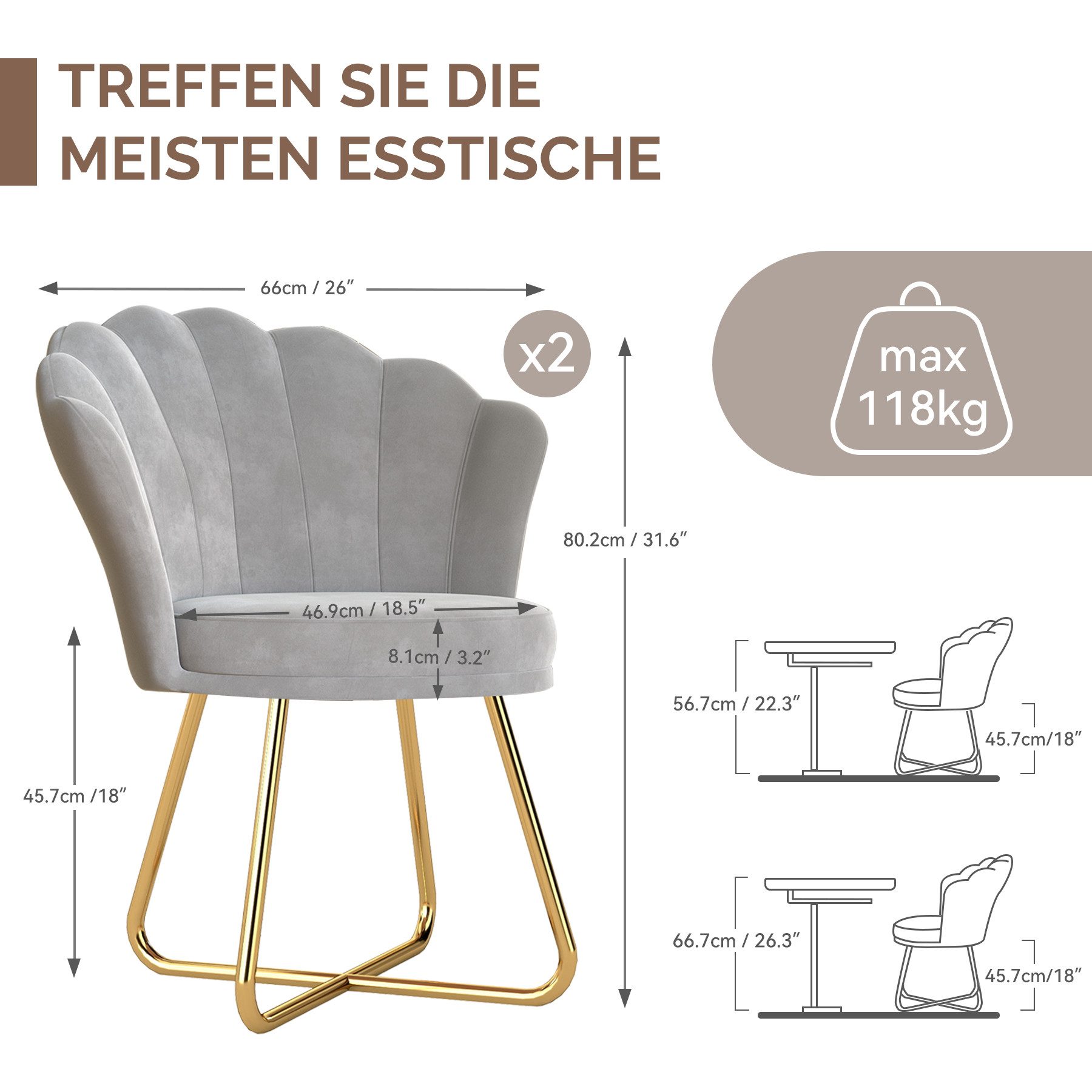 HawthyHome Polsterstuhl Polstersessel mit Blütenblatt-Rückenlehne & Goldene Metallbeine (2 St), ideal für Esszimmer & Schminktisch – Bild 2 von 5