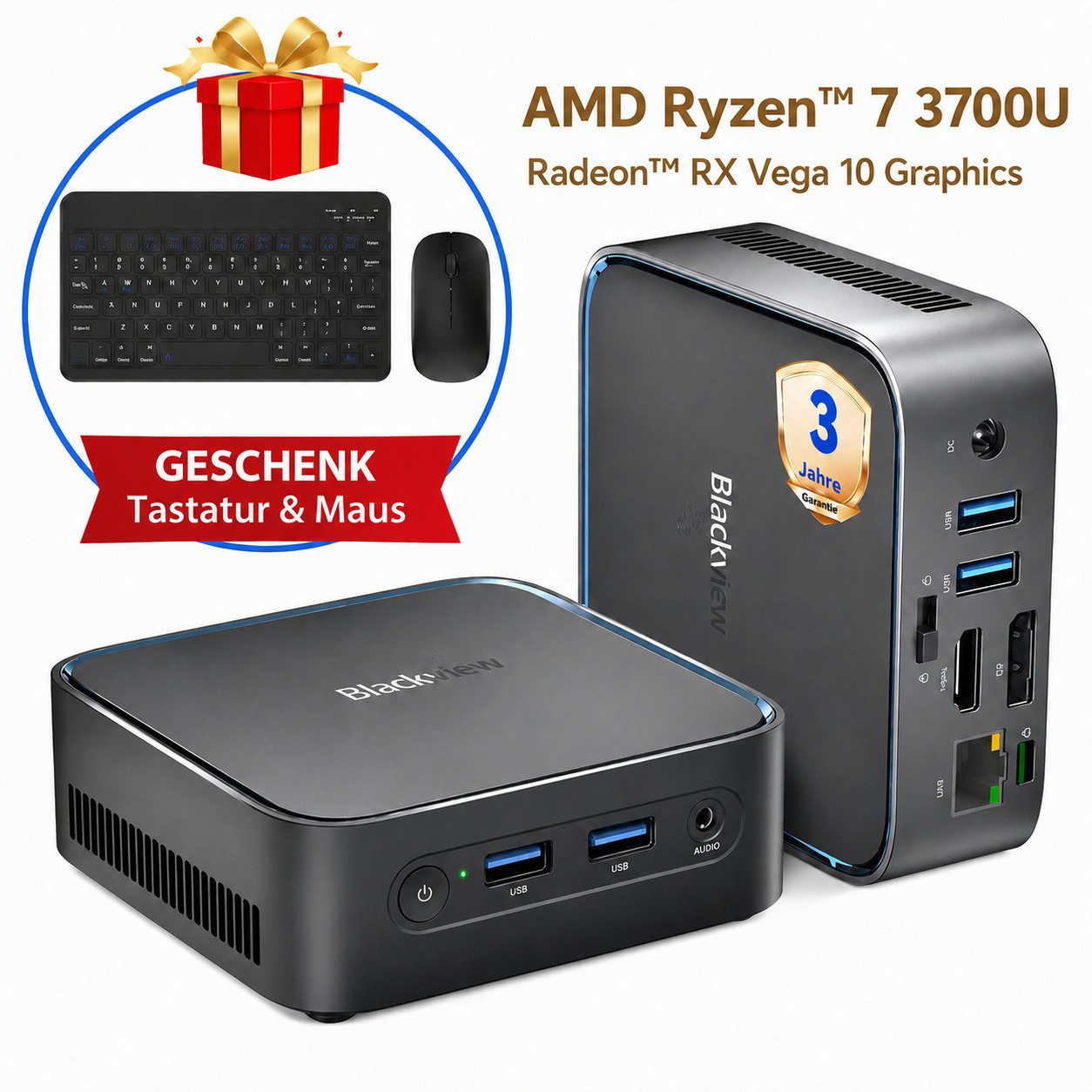 blackview Neuer MP50 AMD Ryzen 5 3500U / 3700U(4C/8T) 16GB RAM 512GB SSD Mini-PC (AMD AMD Ryzen 5 3500U, AMD Ryzen 5 3700U, 16 GB RAM, 512 GB SSD, Windows 11 Pro, WiFi 5 gaming PC, HDMI, Mit Tastatur und Maus)
