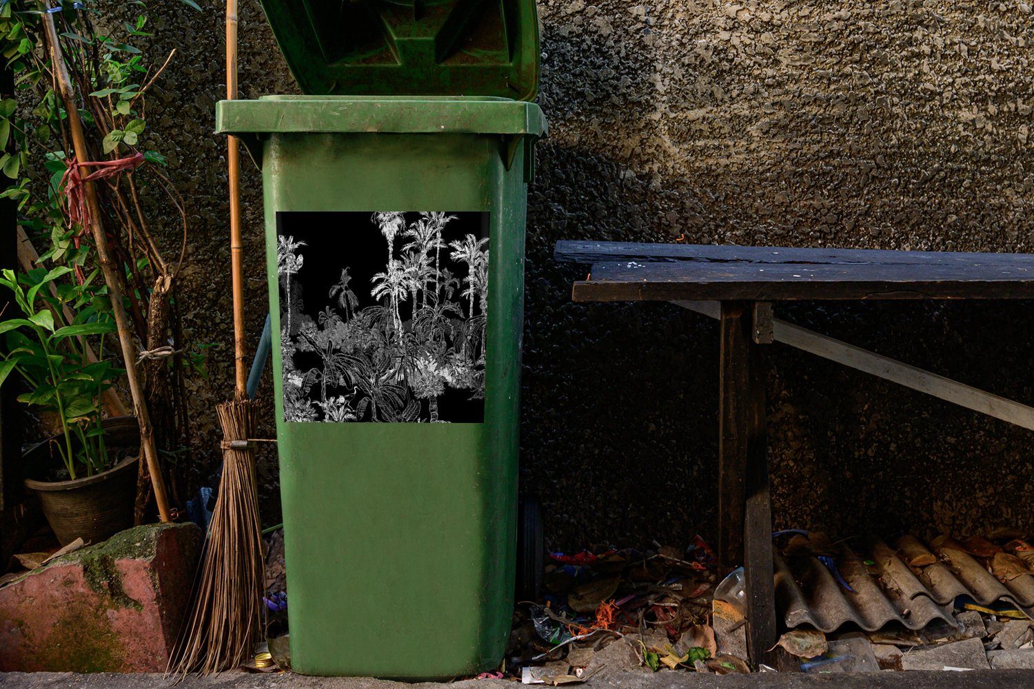 St), Dschungel - MuchoWow Palme Mülleimer-aufkleber, Wandsticker (1 Mülltonne, - Sticker, Abfalbehälter Container, Tropisch