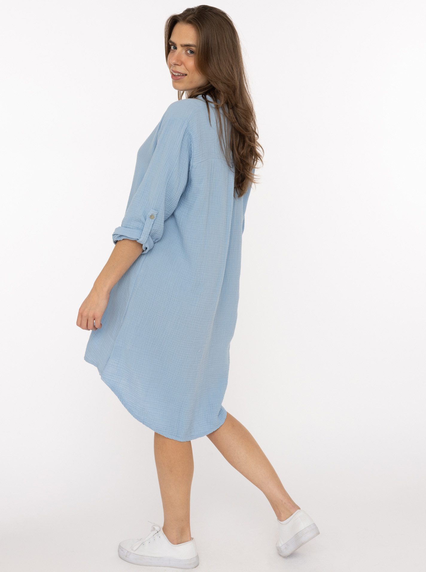 Zwillingsherz Schlupfbluse "Rom" verlängerte Rückenpartie, V-Neck, Turn-Up Ärmel, Musselin