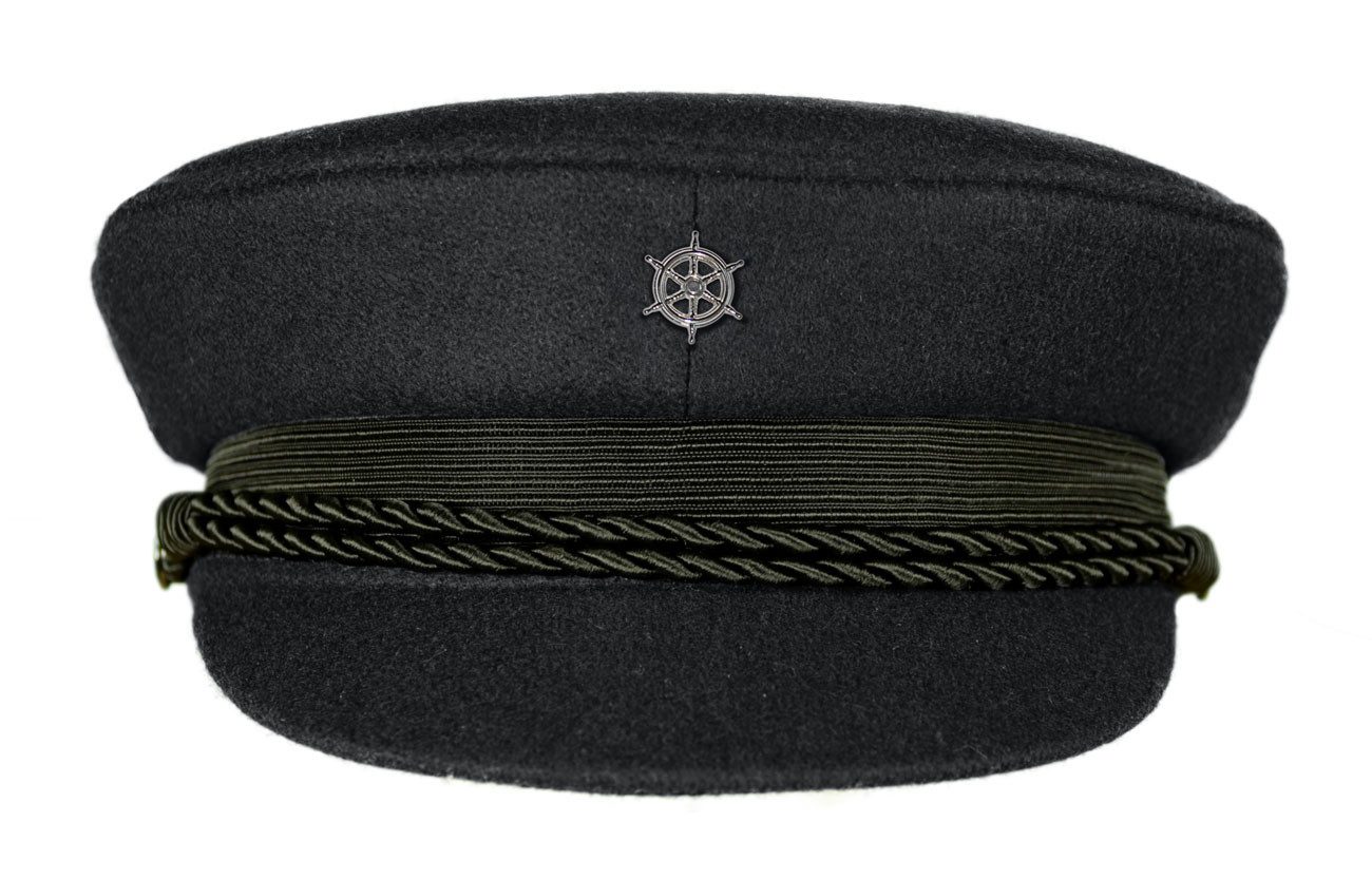 MADSea Schiebermütze Elbsegler schwarz Pin Steuerrad silberfarben maritime Kapitänsmütze mit Krone, Zierband, Kordel und Pin