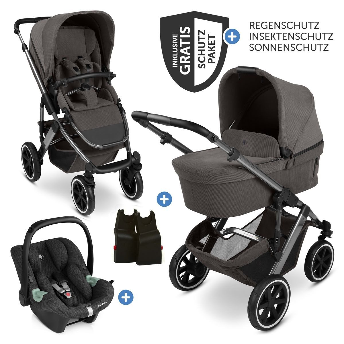 ABC Design Kombi-Kinderwagen Salsa 5 Air - Almond / Bubble, 3in1 Коляски Set mit Babywanne, Babyschale, Sportsitz & Zubehör